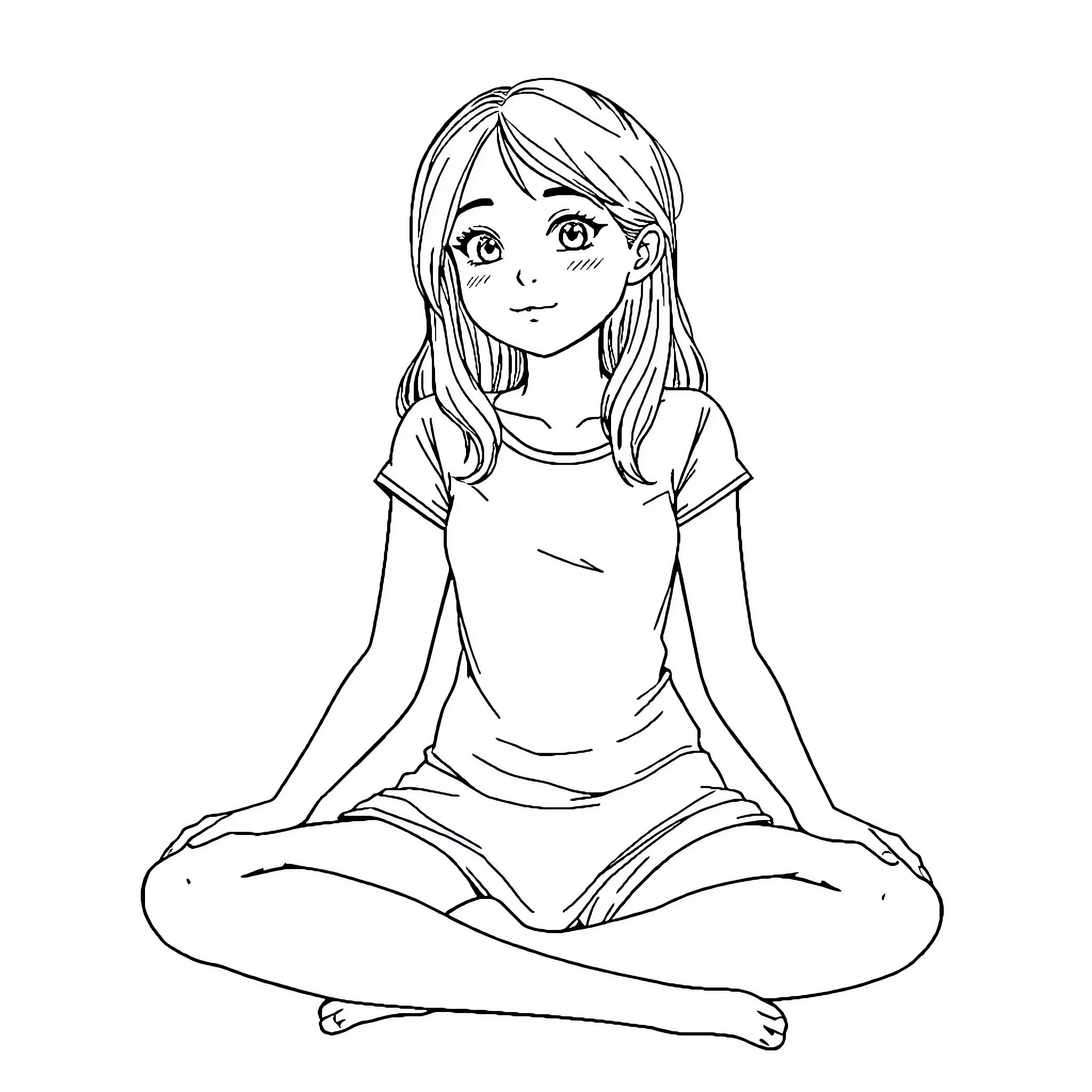 Girl sitting in meditation pose Coloring Page (free black-and-white line drawing printable PDF for all, from beginners to advanced learners, including children, teens, adults, and seniors)