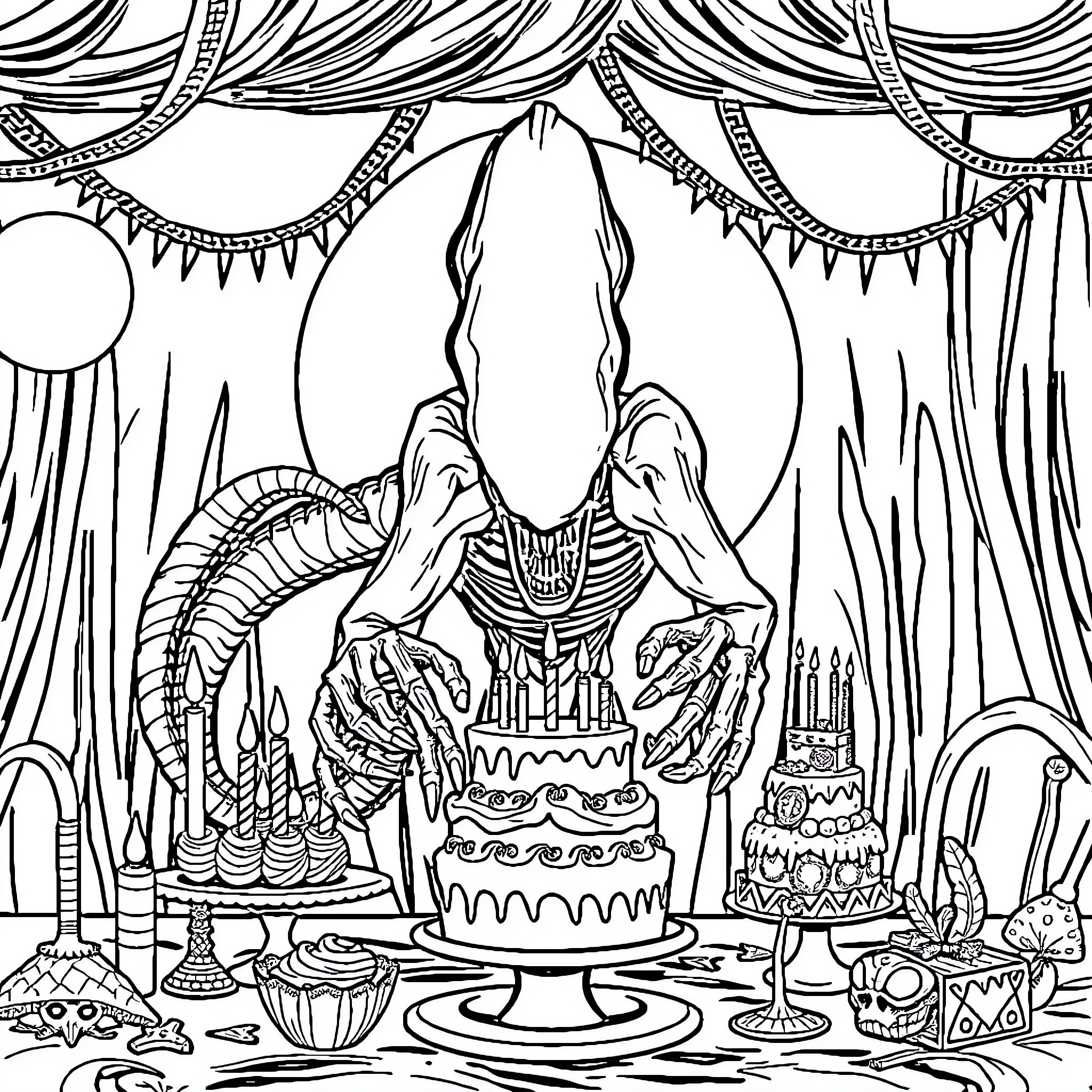 Xenomorph Celebrating Monstrous Birthday Party Coloring Page (free black-and-white line drawing printable PDF for all, from beginners to advanced learners, including children, teens, adults, and seniors)
