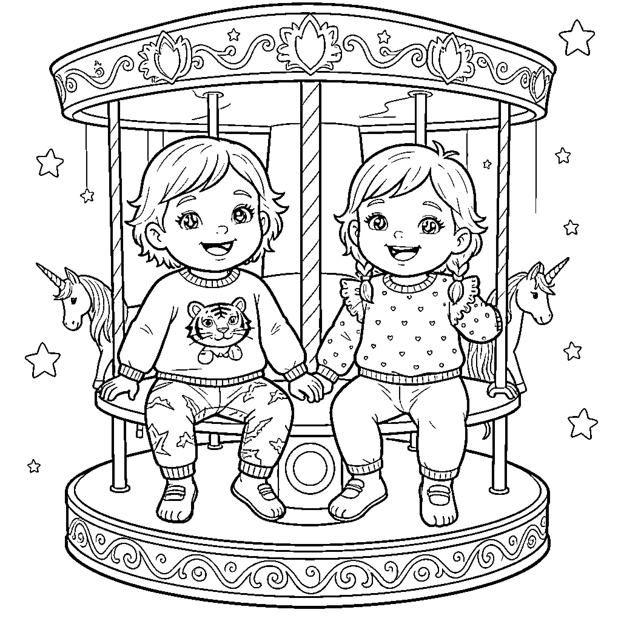 Bébé Fille Enjoying Carousel Ride with Stuffed Animal Coloring Page (free black-and-white line drawing printable PDF for all, from beginners to advanced learners, including children, teens, adults, and seniors)