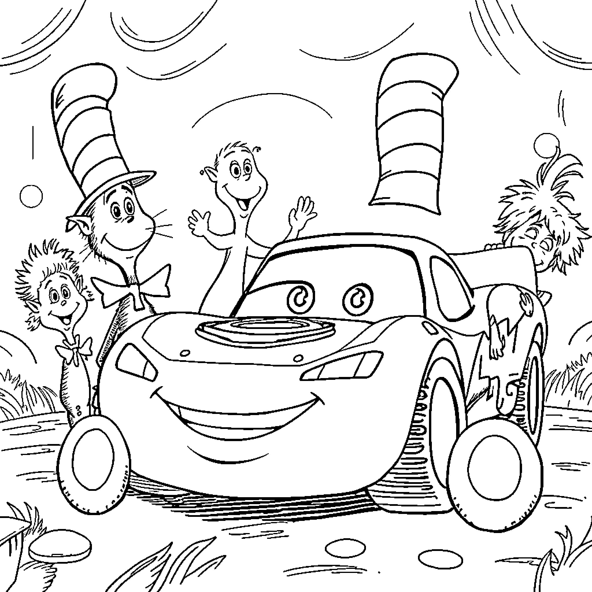 Lightning McQueen and friends in a fun adventure Coloring Page (free black-and-white line drawing printable PDF for all, from beginners to advanced learners, including children, teens, adults, and seniors)