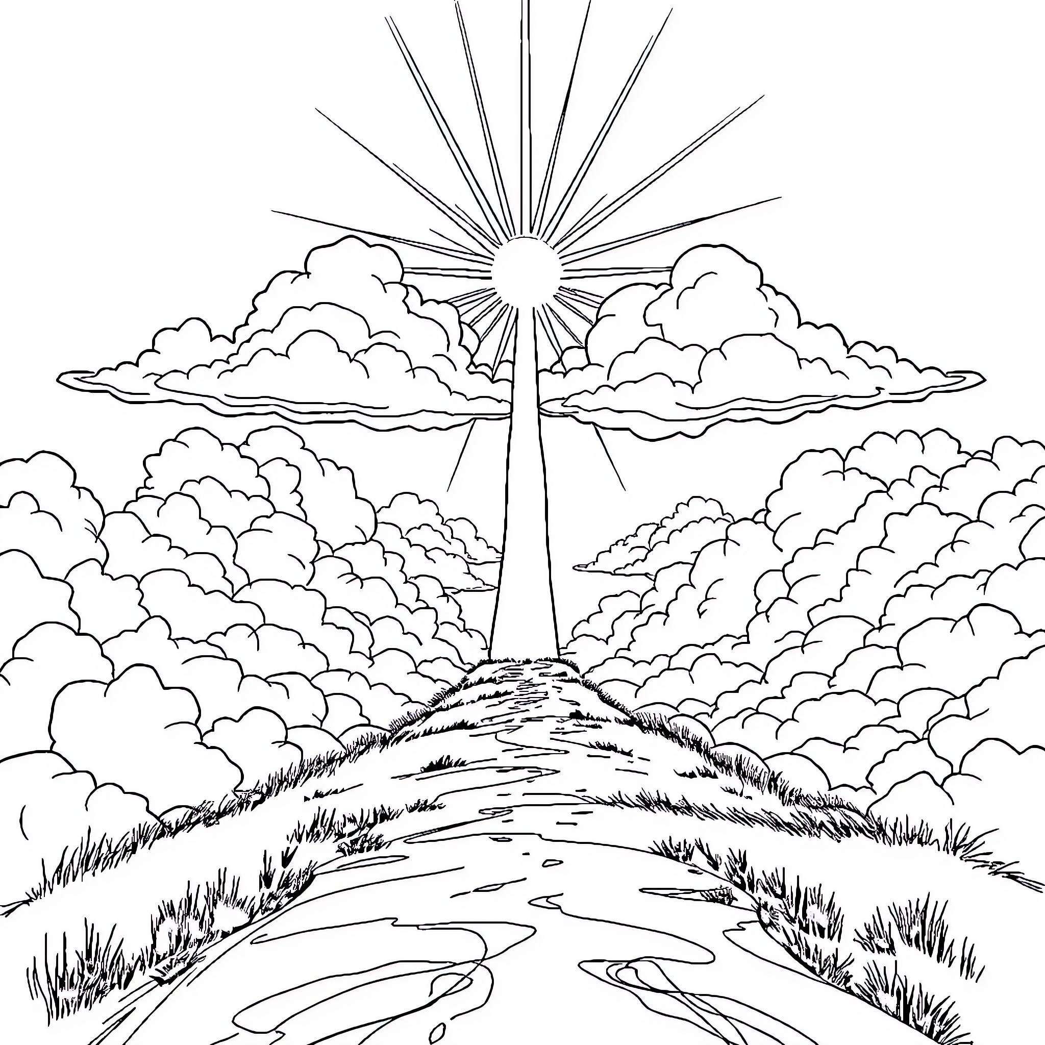 Way to Heavenly Skies with Radiant Sun Coloring Page (free black-and-white line drawing printable PDF for all, from beginners to advanced learners, including children, teens, adults, and seniors)