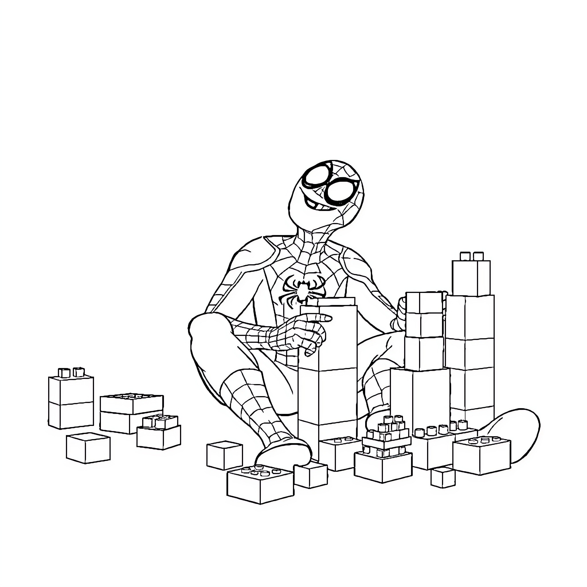 Spiderman playing with building blocks Coloring Page (free black-and-white line drawing printable PDF for all, from beginners to advanced learners, including children, teens, adults, and seniors)