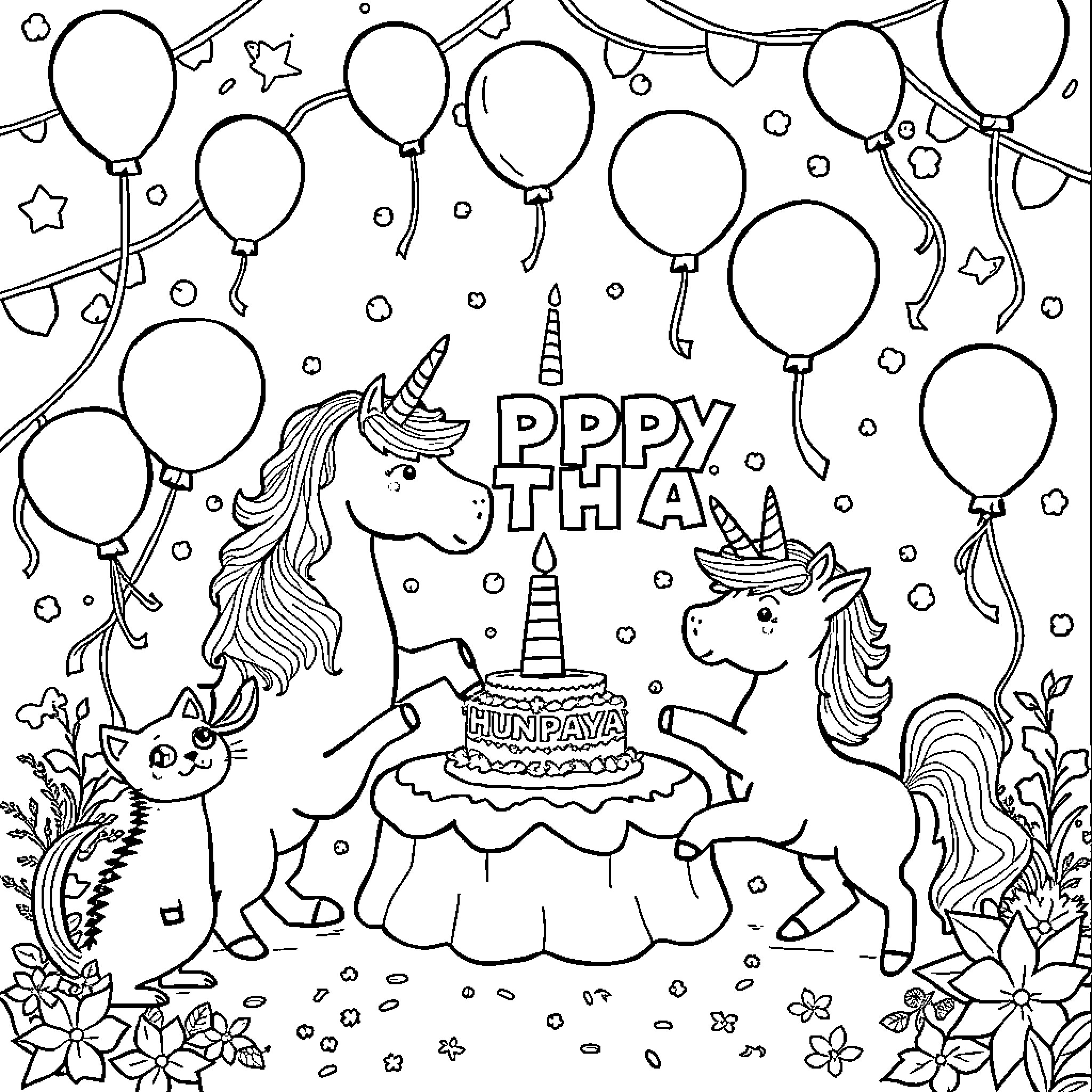 Unicorn Birthday Celebration with Balloons and Cake Coloring Page (free black-and-white line drawing printable PDF for all, from beginners to advanced learners, including children, teens, adults, and seniors)