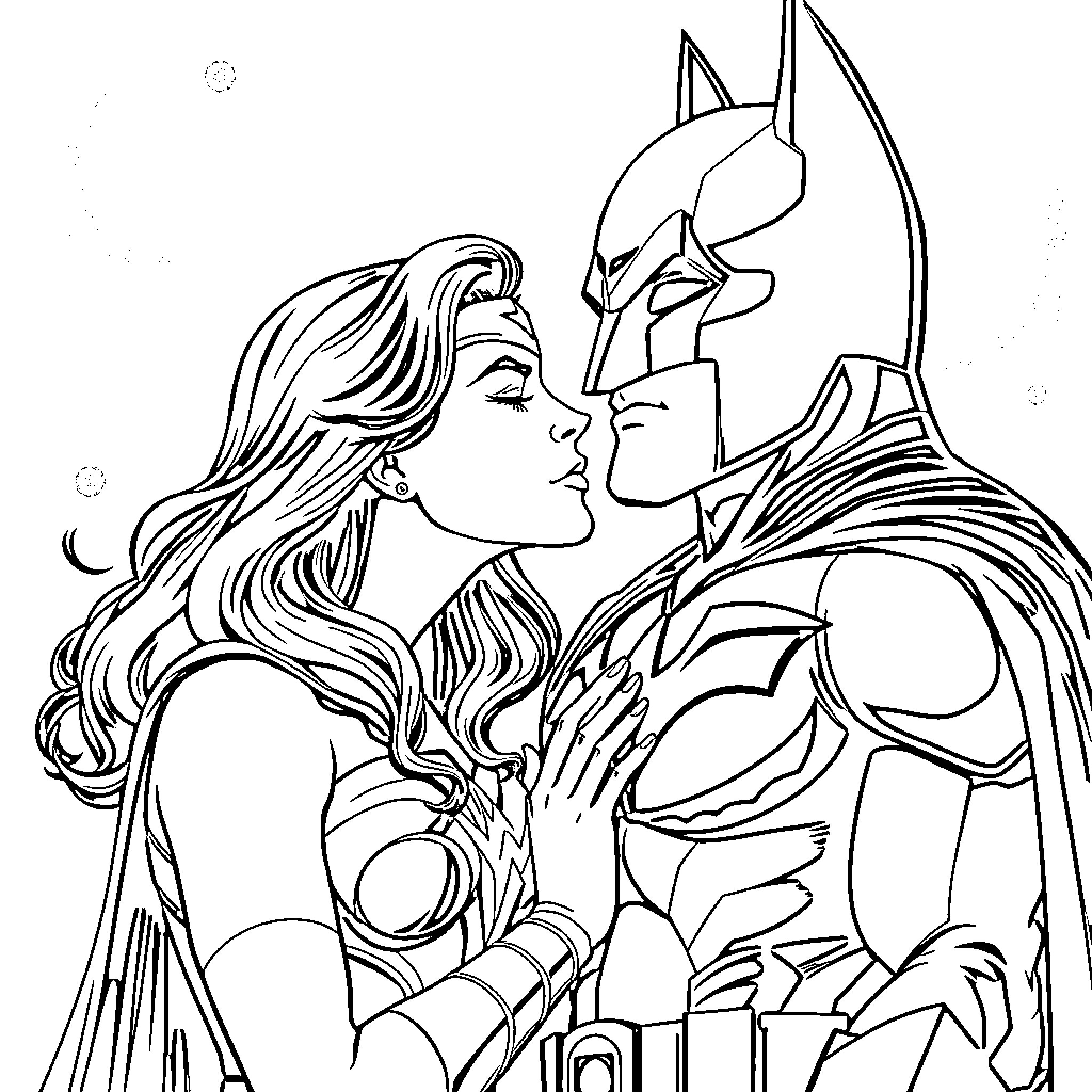 Wonder Woman leaning in to kiss Batman Coloring Page (free black-and-white line drawing printable PDF for all, from beginners to advanced learners, including children, teens, adults, and seniors)