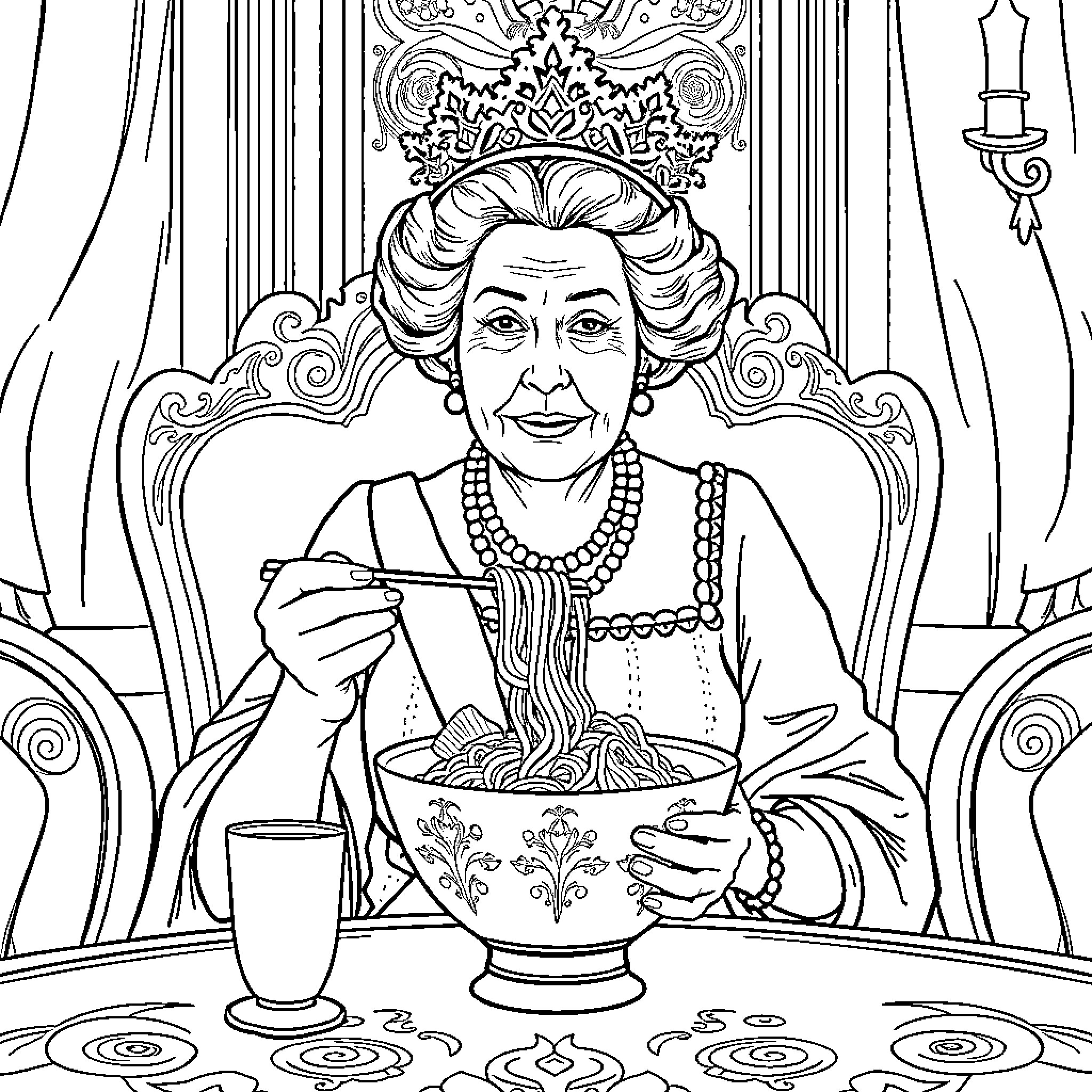 Queen Enjoying a Regal Meal Coloring Page (free black-and-white line drawing printable PDF for all, from beginners to advanced learners, including children, teens, adults, and seniors)