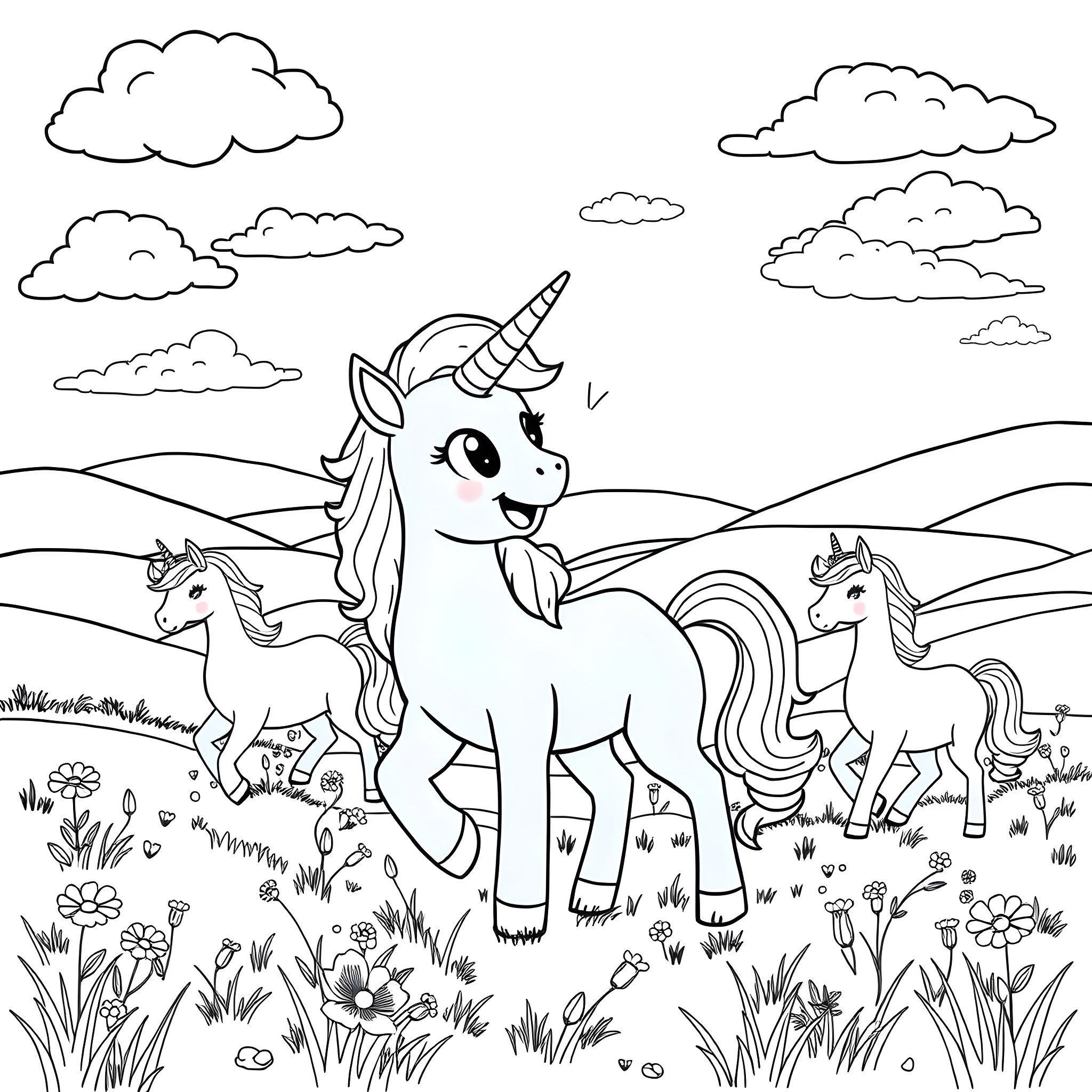 Bluey and her unicorn friends in a magical meadow Coloring Page (free black-and-white line drawing printable PDF for all, from beginners to advanced learners, including children, teens, adults, and seniors)