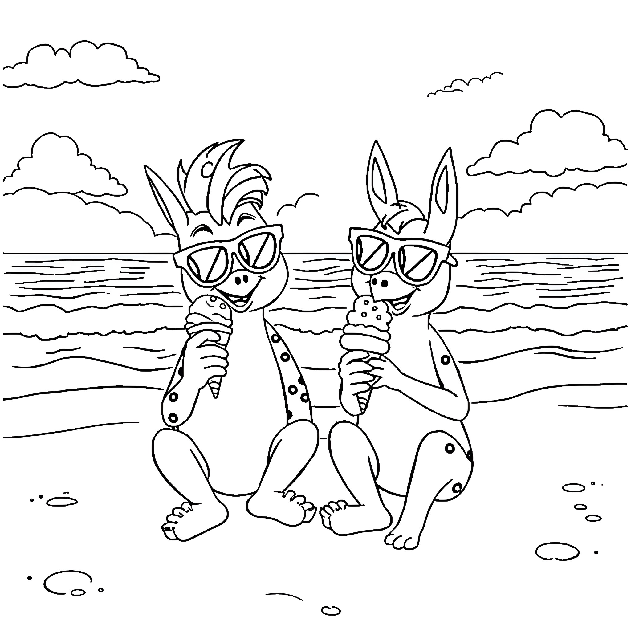 Blitzo and Loona enjoy a day at the beach Coloring Page (free black-and-white line drawing printable PDF for all, from beginners to advanced learners, including children, teens, adults, and seniors)