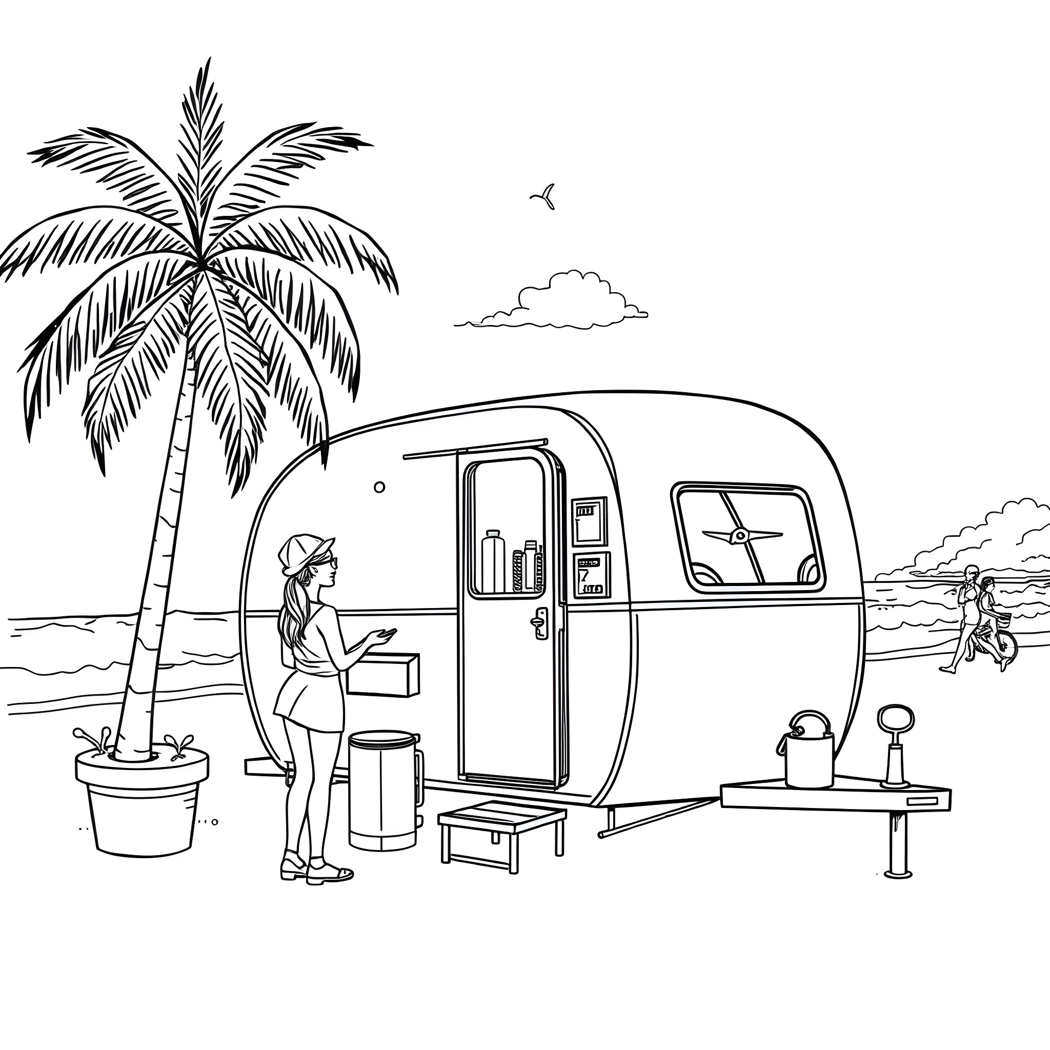 Hairstylist's Tropical Getaway Coloring Page (free black-and-white line drawing printable PDF for all, from beginners to advanced learners, including children, teens, adults, and seniors)
