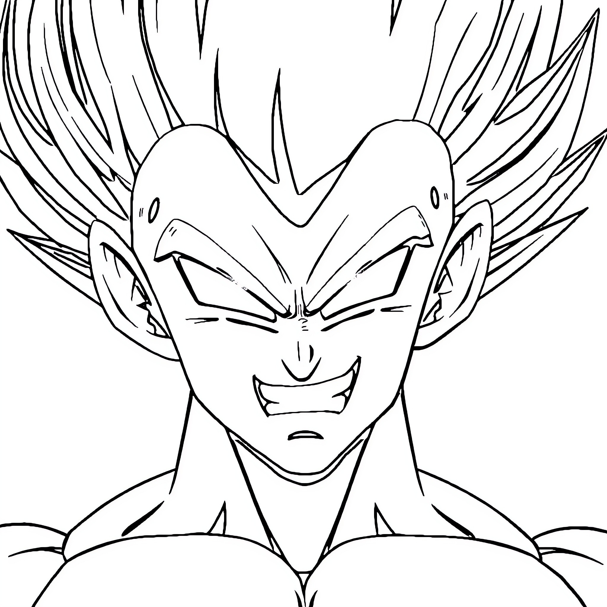 Majin Vegeta in fierce battle stance Coloring Page (free black-and-white line drawing printable PDF for all, from beginners to advanced learners, including children, teens, adults, and seniors)