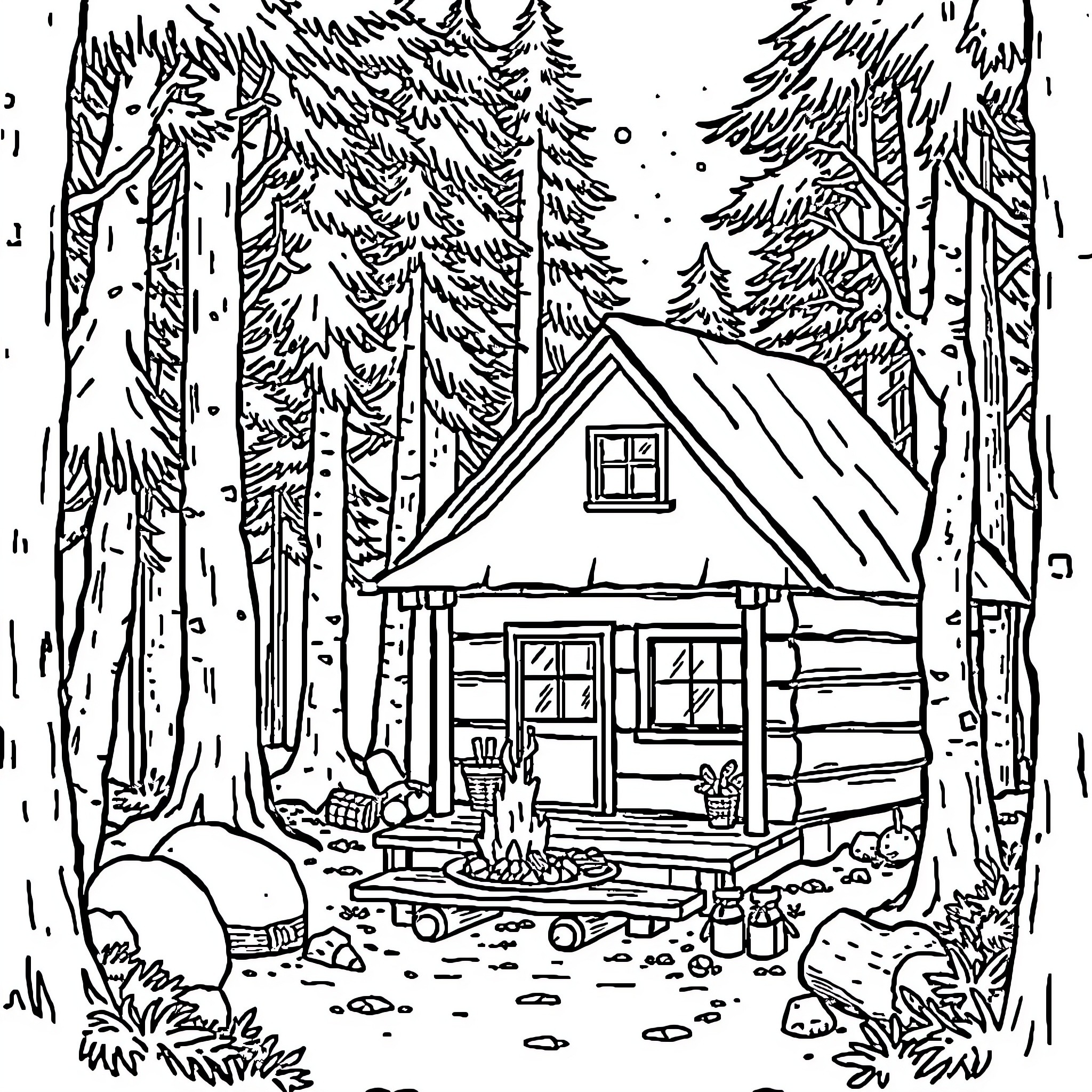 Staycation in the tranquil forest cabin Coloring Page (free black-and-white line drawing printable PDF for all, from beginners to advanced learners, including children, teens, adults, and seniors)
