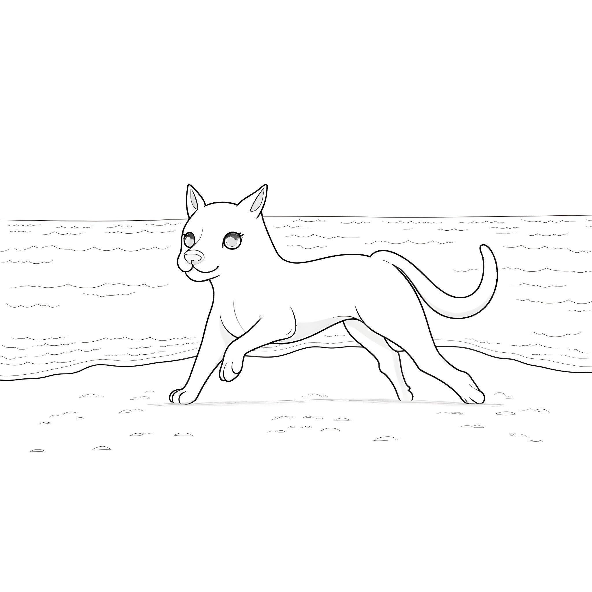 Sprunki cat exploring the shoreline Coloring Page (free black-and-white line drawing printable PDF for all, from beginners to advanced learners, including children, teens, adults, and seniors)
