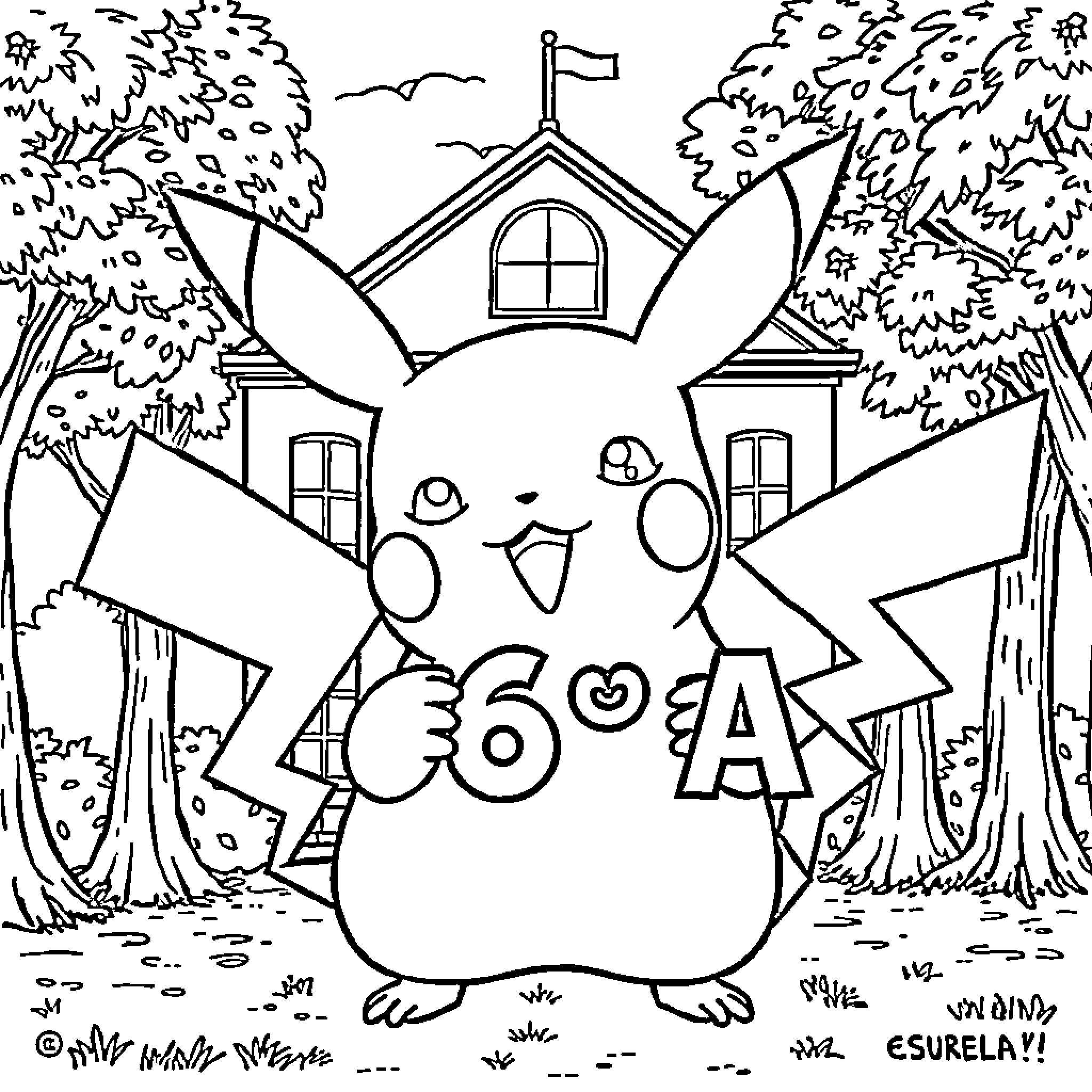 Pikachu relaxing in front of a cozy house Coloring Page (free black-and-white line drawing printable PDF for all, from beginners to advanced learners, including children, teens, adults, and seniors)