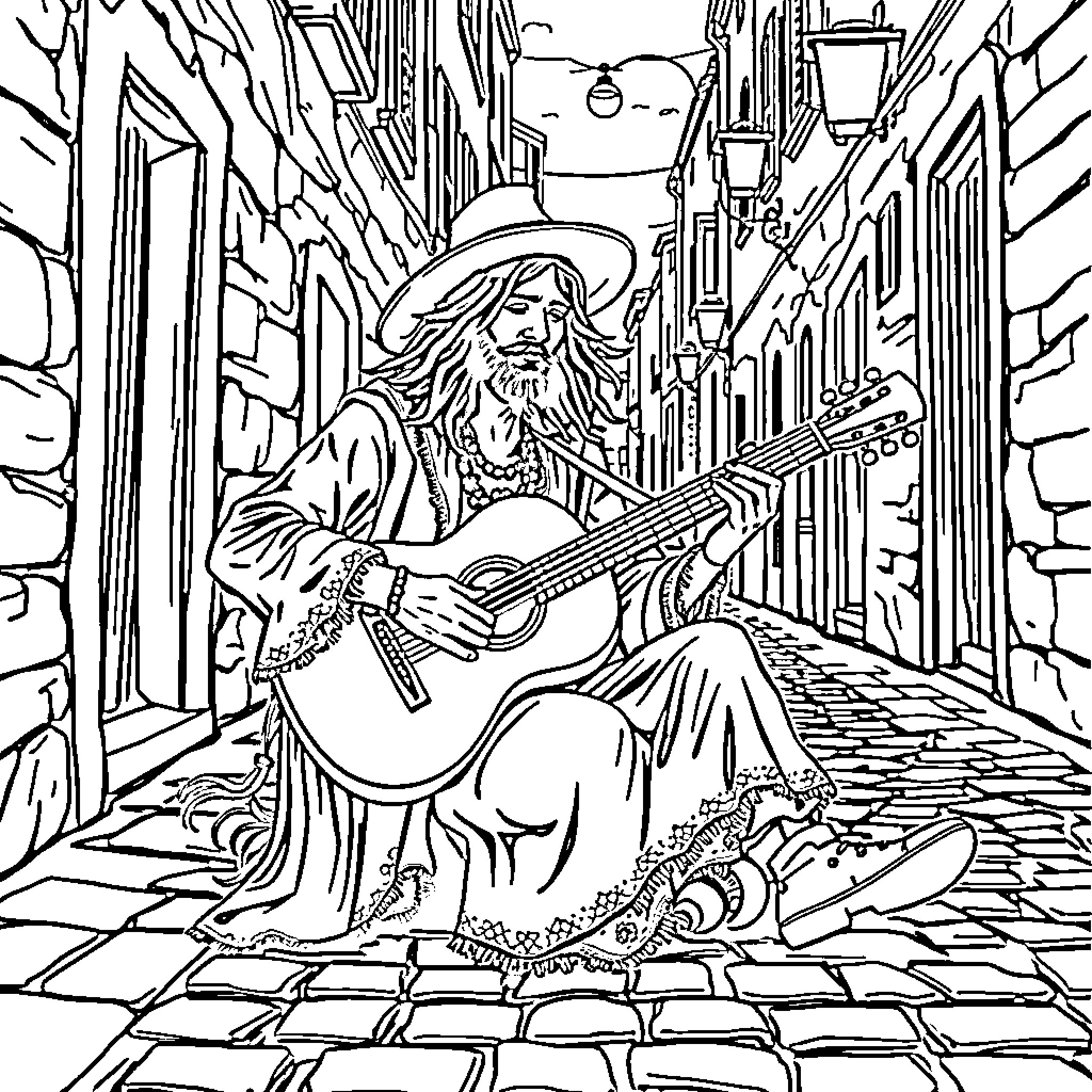 Gypsy musician playing guitar in a quaint street Coloring Page (free black-and-white line drawing printable PDF for all, from beginners to advanced learners, including children, teens, adults, and seniors)