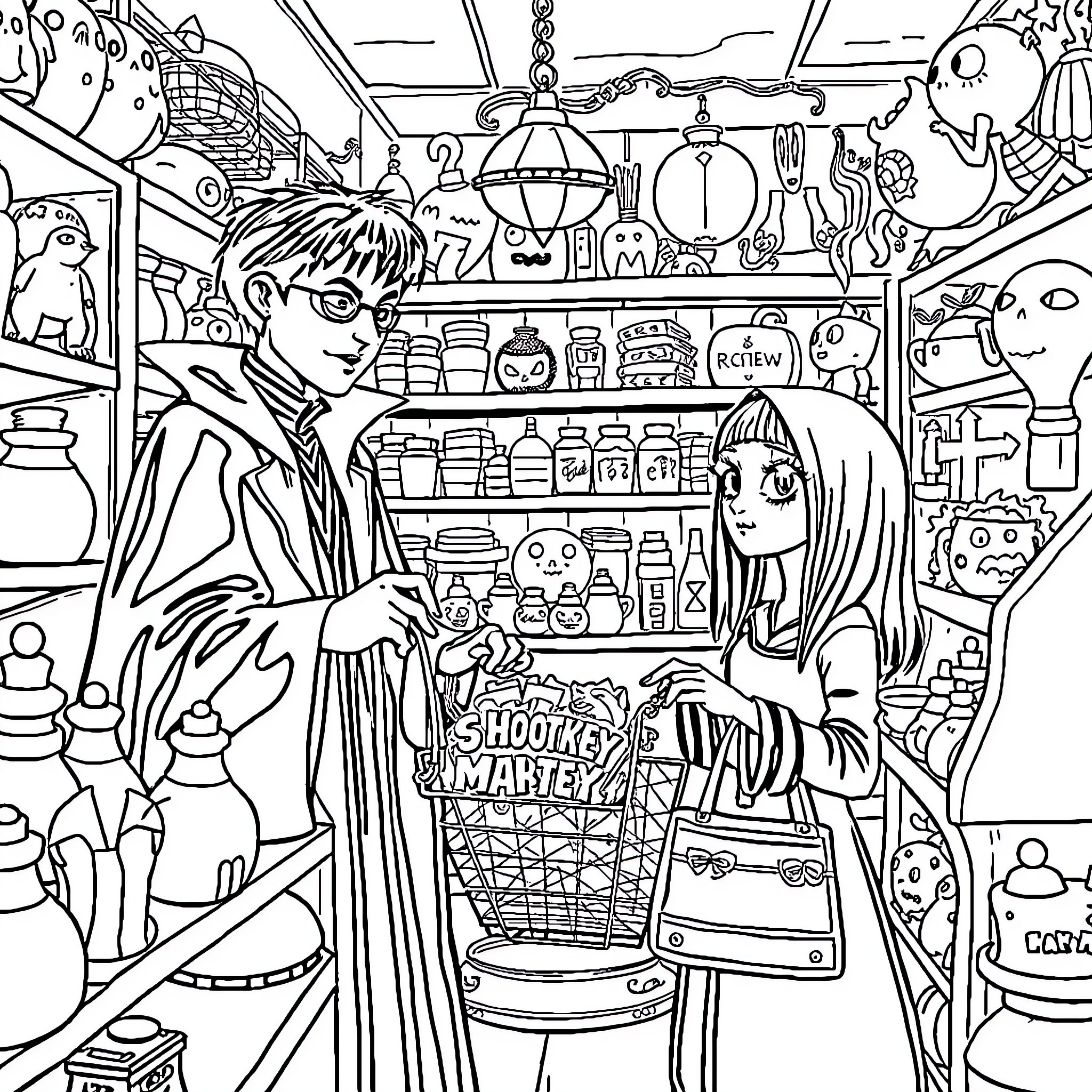 Voldemort's Magical Shopping Spree Coloring Page (free black-and-white line drawing printable PDF for all, from beginners to advanced learners, including children, teens, adults, and seniors)