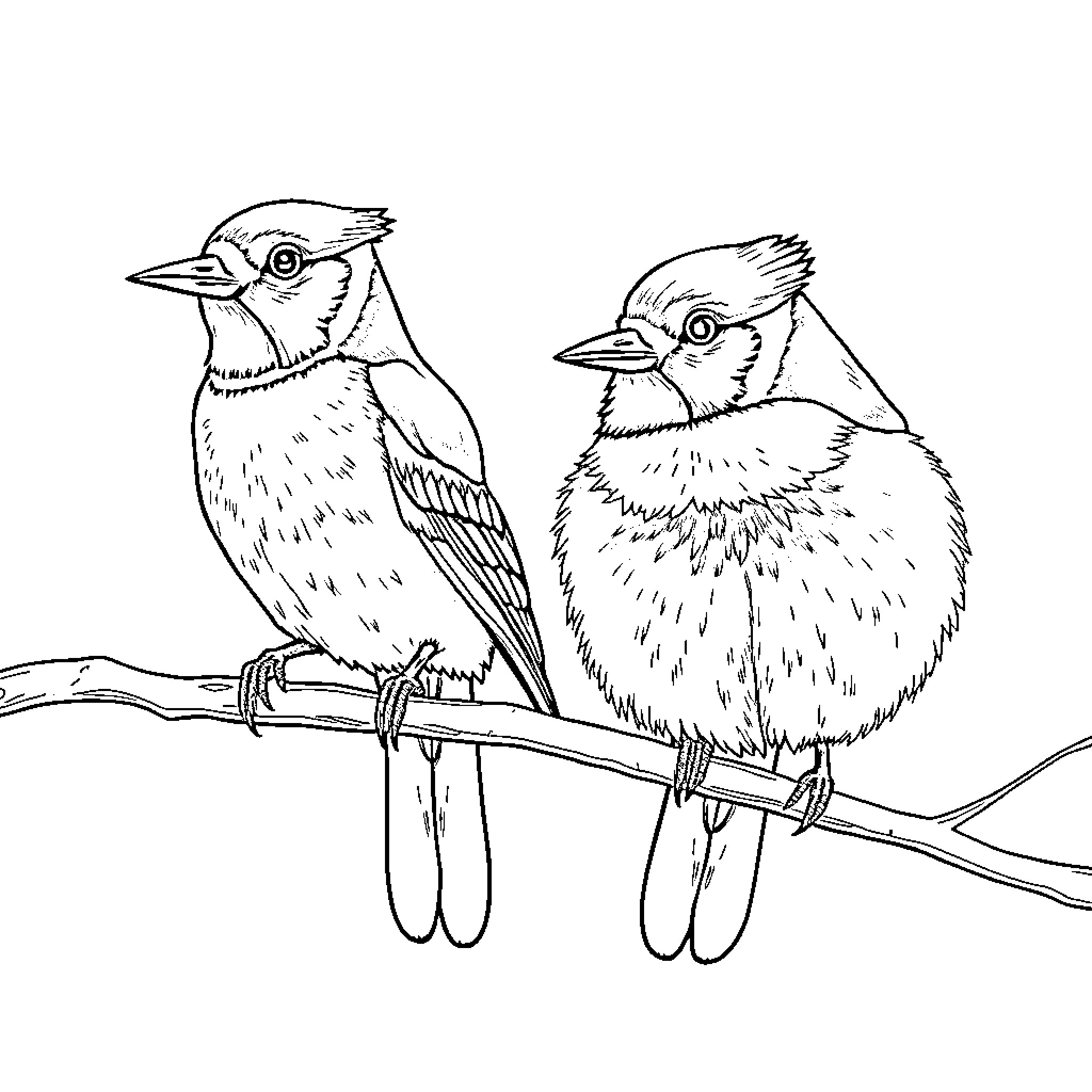 Blue Jays perched on a branch Coloring Page (free black-and-white line drawing printable PDF for all, from beginners to advanced learners, including children, teens, adults, and seniors)