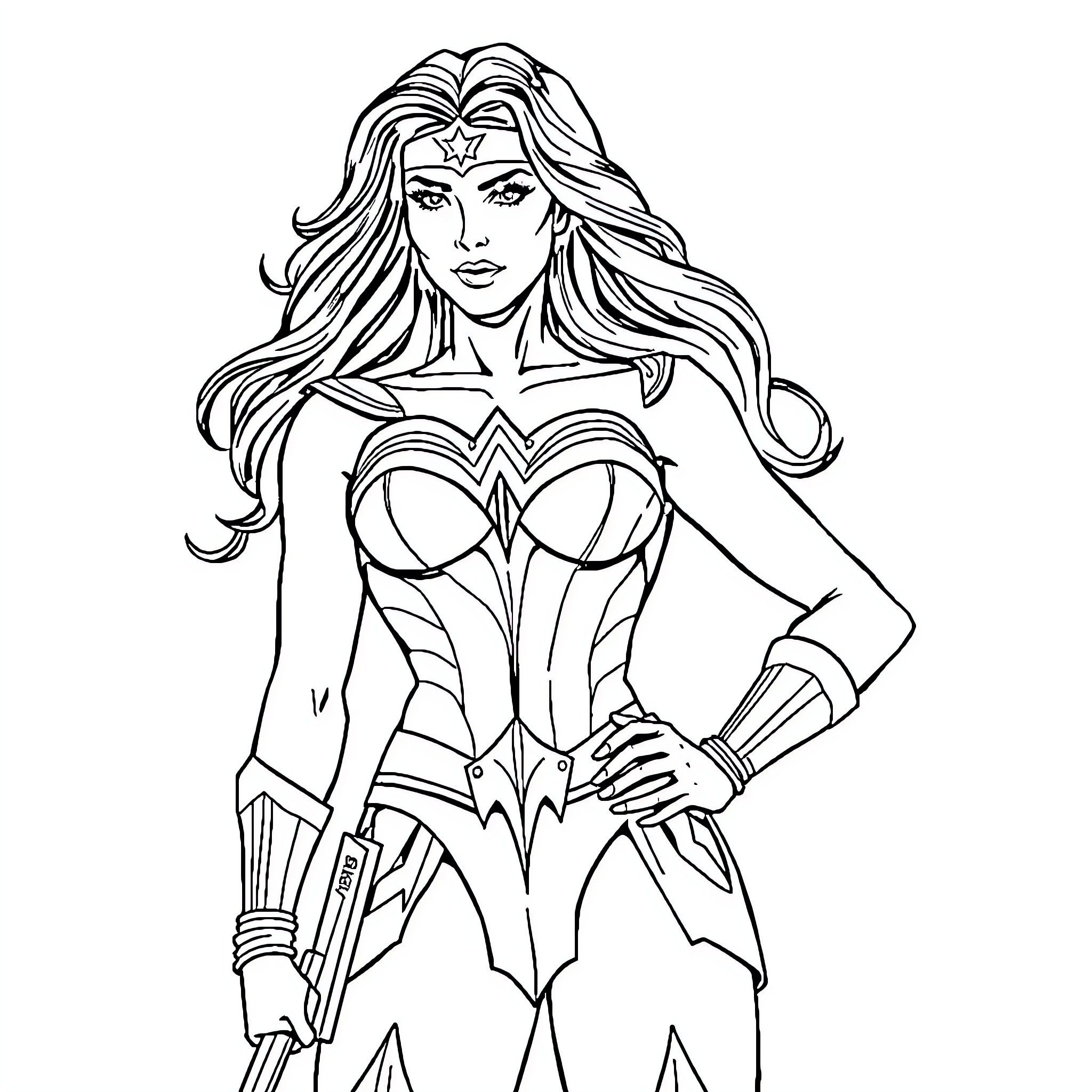 Wonder Woman in heroic battle pose Coloring Page (free black-and-white line drawing printable PDF for all, from beginners to advanced learners, including children, teens, adults, and seniors)