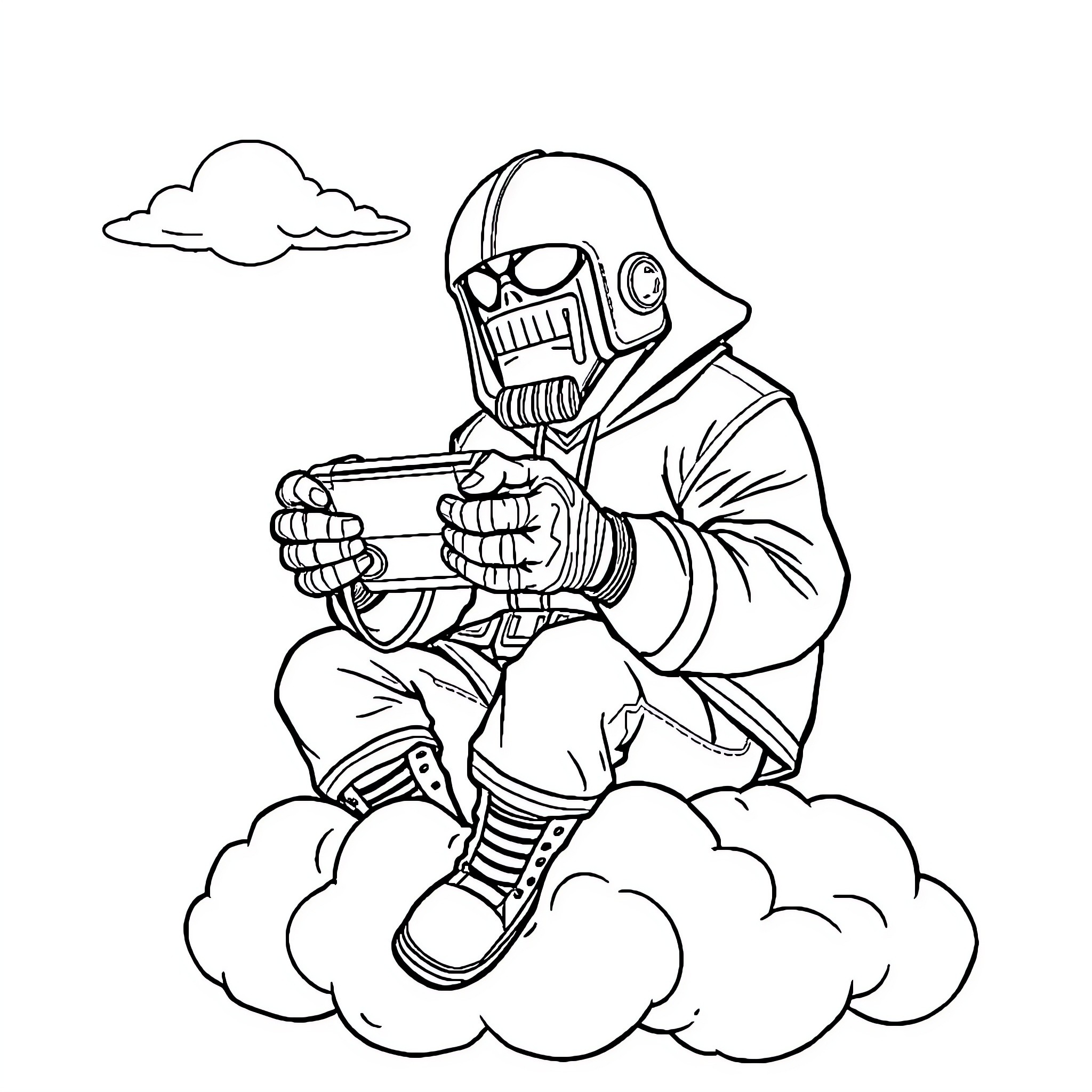 MF DOOM in the Clouds with Blaster Coloring Page (free black-and-white line drawing printable PDF for all, from beginners to advanced learners, including children, teens, adults, and seniors)