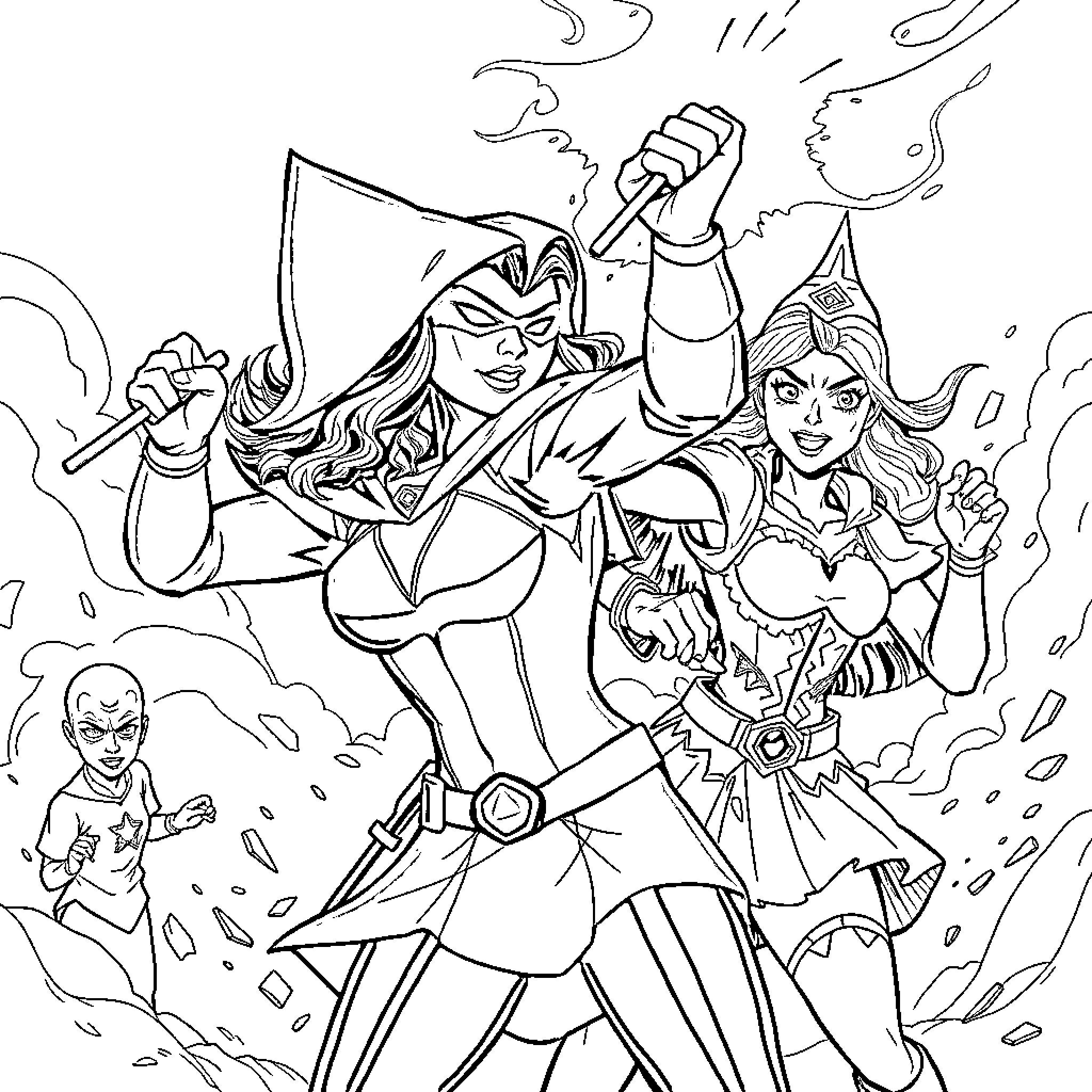 Scarlet Witch and Captains Marvel and America in Action Coloring Page (free black-and-white line drawing printable PDF for all, from beginners to advanced learners, including children, teens, adults, and seniors)