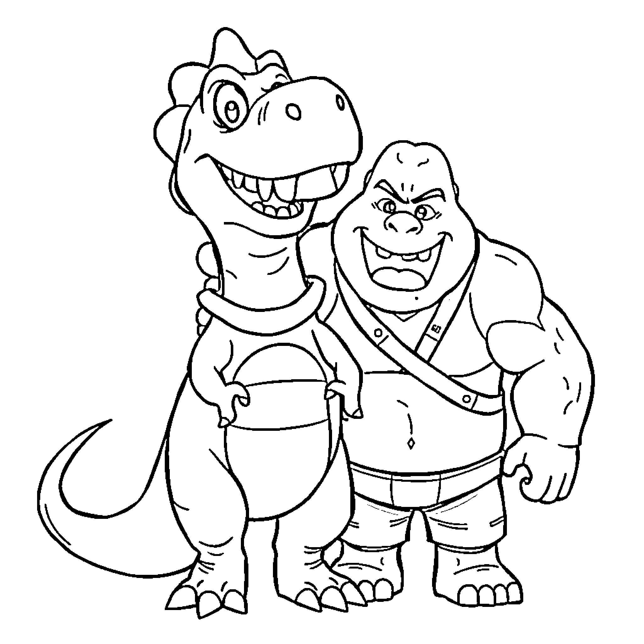 Dinosaur friends having fun together Coloring Page (free black-and-white line drawing printable PDF for all, from beginners to advanced learners, including children, teens, adults, and seniors)