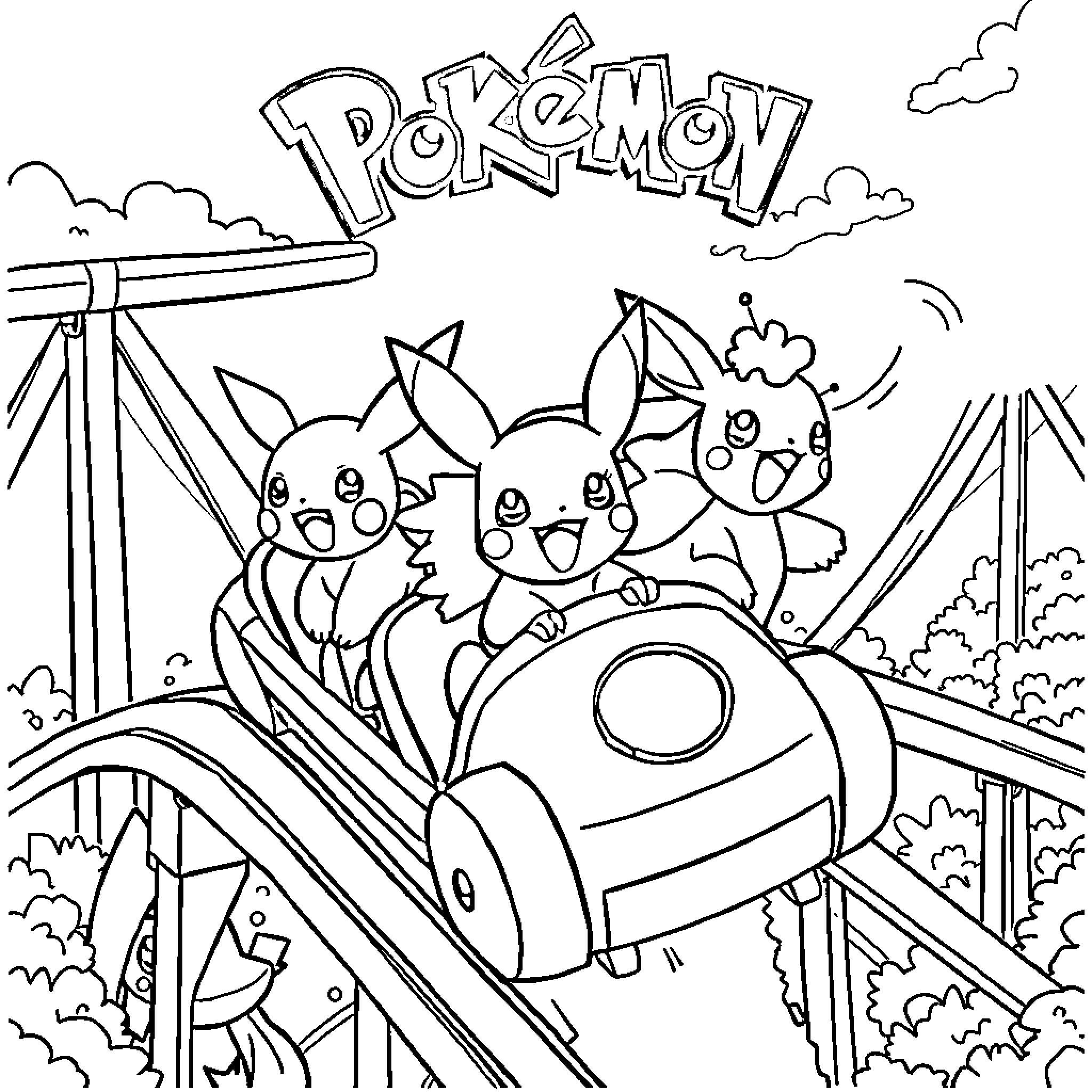 Pokémon characters enjoying a thrilling ride Coloring Page (free black-and-white line drawing printable PDF for all, from beginners to advanced learners, including children, teens, adults, and seniors)