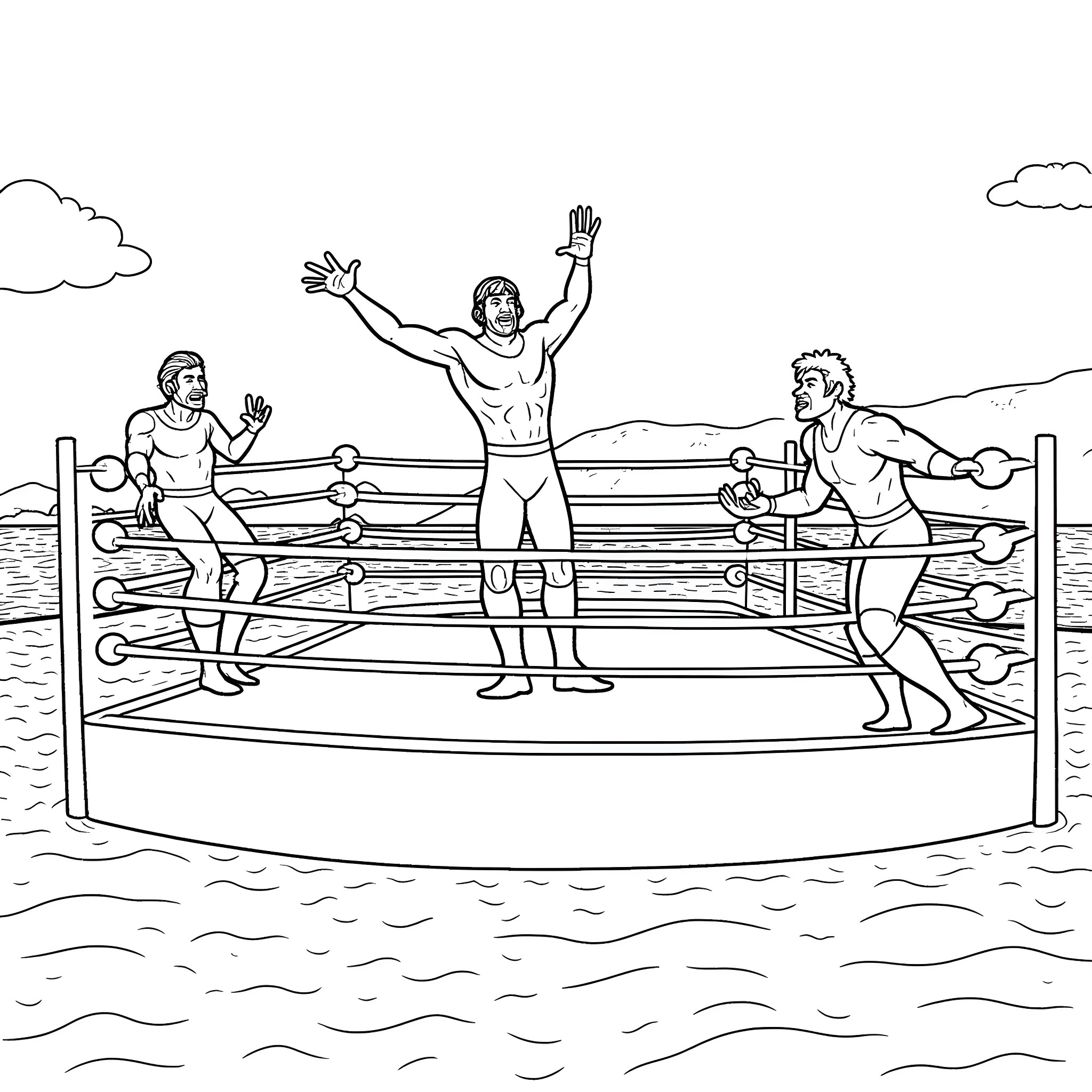 Wrestler celebrating victory in the ring Coloring Page (free black-and-white line drawing printable PDF for all, from beginners to advanced learners, including children, teens, adults, and seniors)