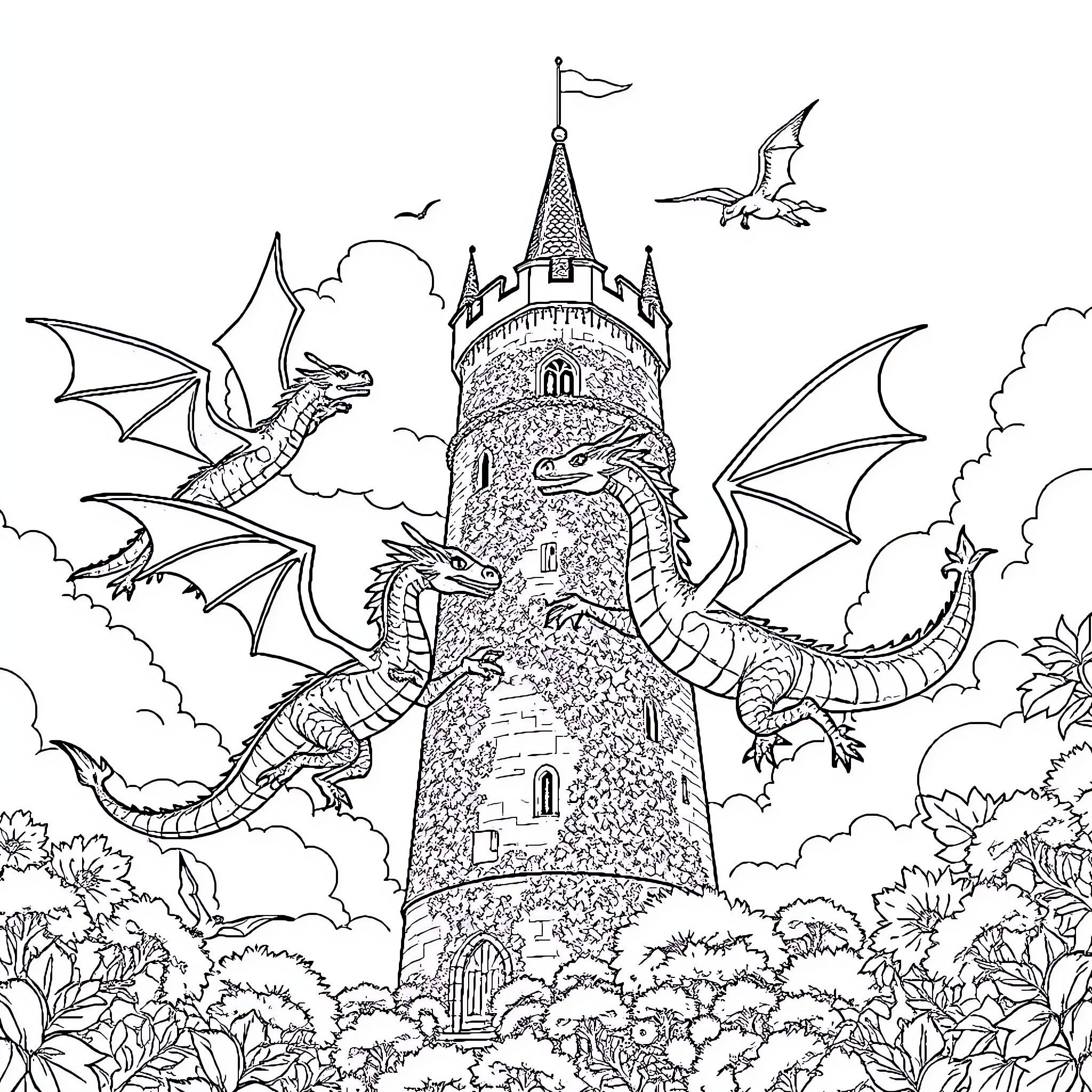 Dragon guarding the enchanted castle in the clouds Coloring Page (free black-and-white line drawing printable PDF for all, from beginners to advanced learners, including children, teens, adults, and seniors)