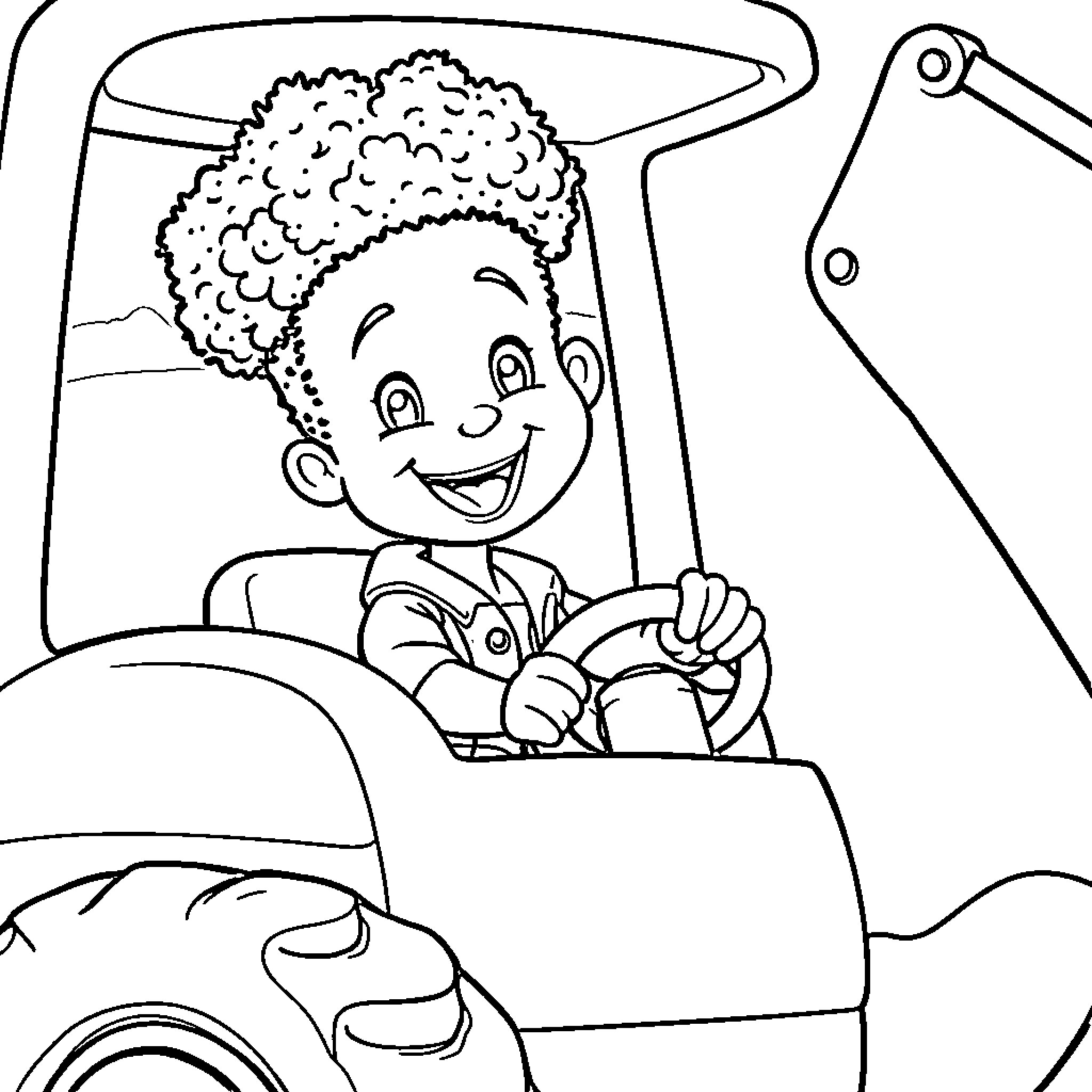 Toddler excitedly driving a toy car Coloring Page (free black-and-white line drawing printable PDF for all, from beginners to advanced learners, including children, teens, adults, and seniors)