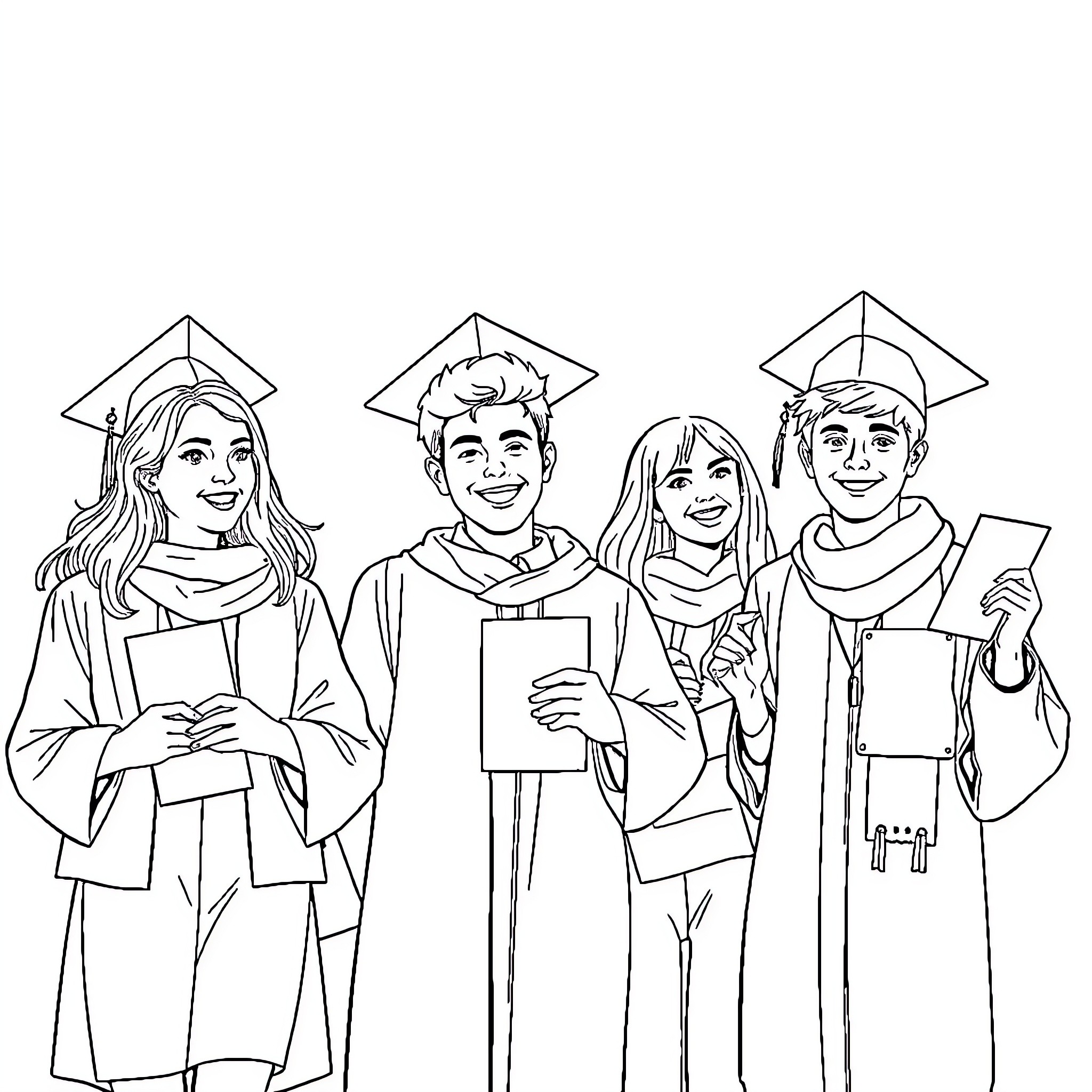 Students Celebrating Graduation in Formal Attire Coloring Page (free black-and-white line drawing printable PDF for all, from beginners to advanced learners, including children, teens, adults, and seniors)