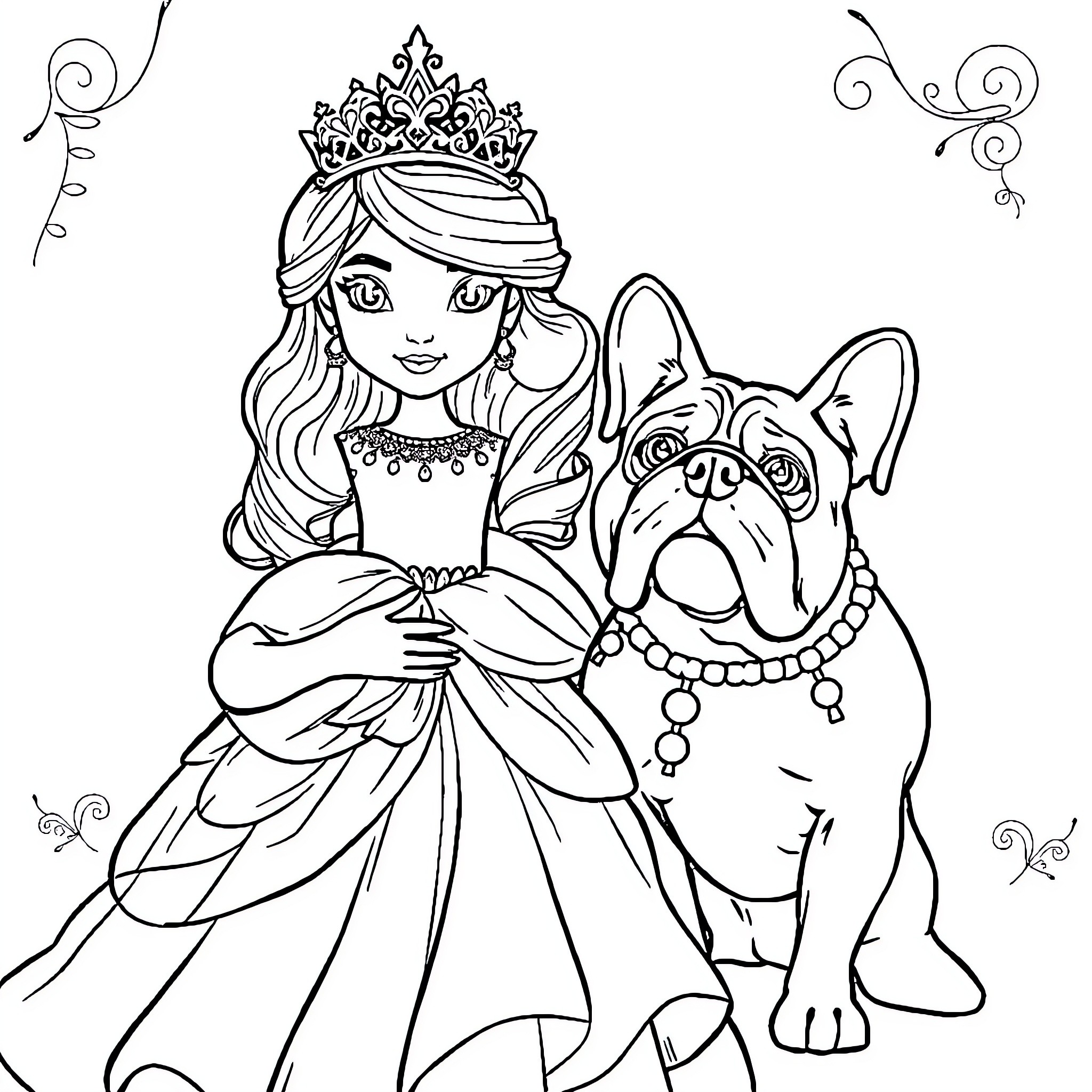 Princess and her Loyal Companion Coloring Page (free black-and-white line drawing printable PDF for all, from beginners to advanced learners, including children, teens, adults, and seniors)