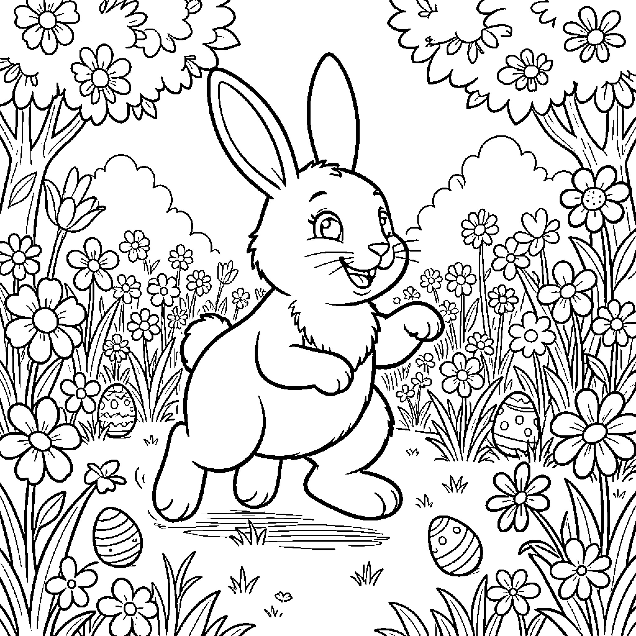 Bunny enjoying the floral garden Coloring Page (free black-and-white line drawing printable PDF for all, from beginners to advanced learners, including children, teens, adults, and seniors)
