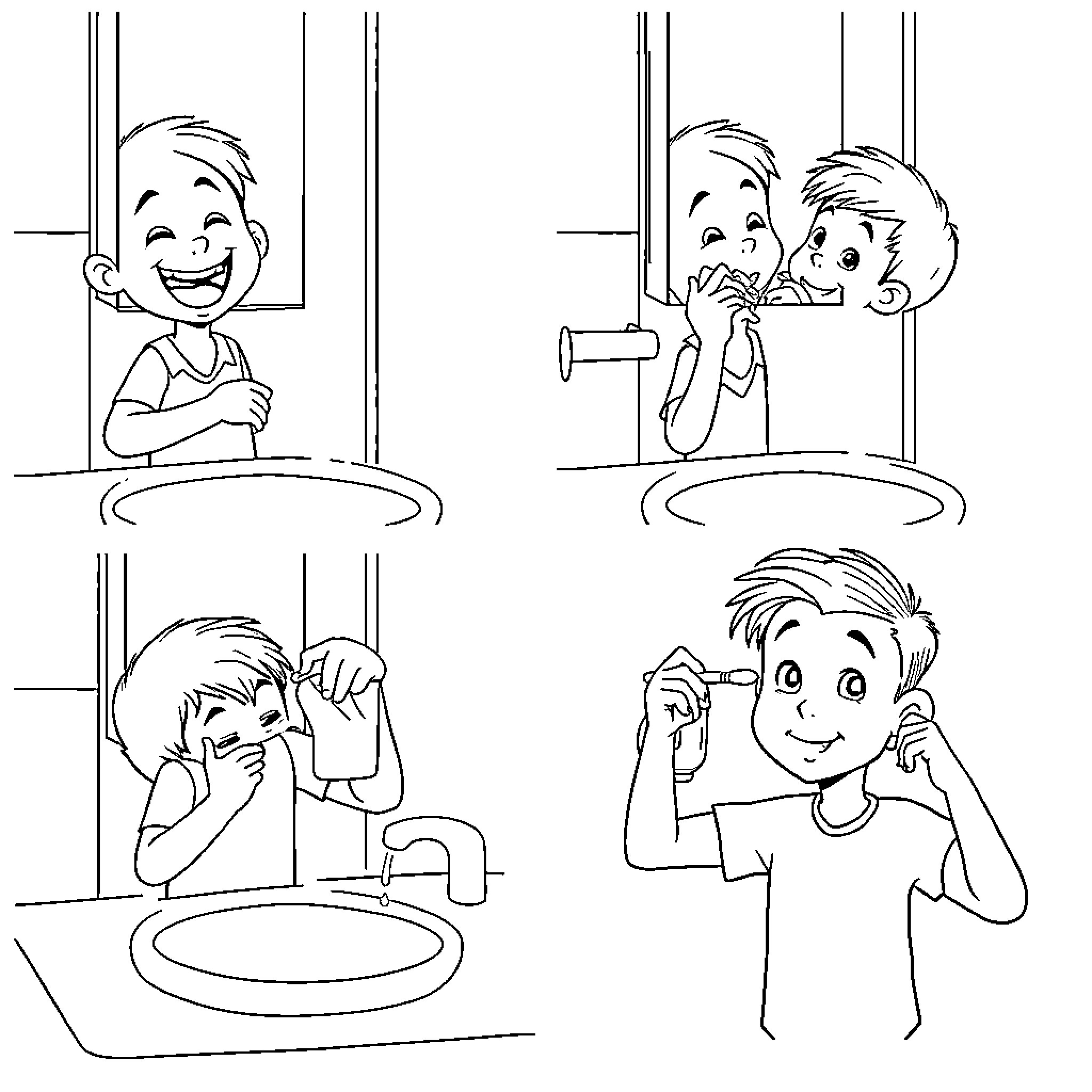 Boy's amusing expressions in the bathroom Coloring Page (free black-and-white line drawing printable PDF for all, from beginners to advanced learners, including children, teens, adults, and seniors)