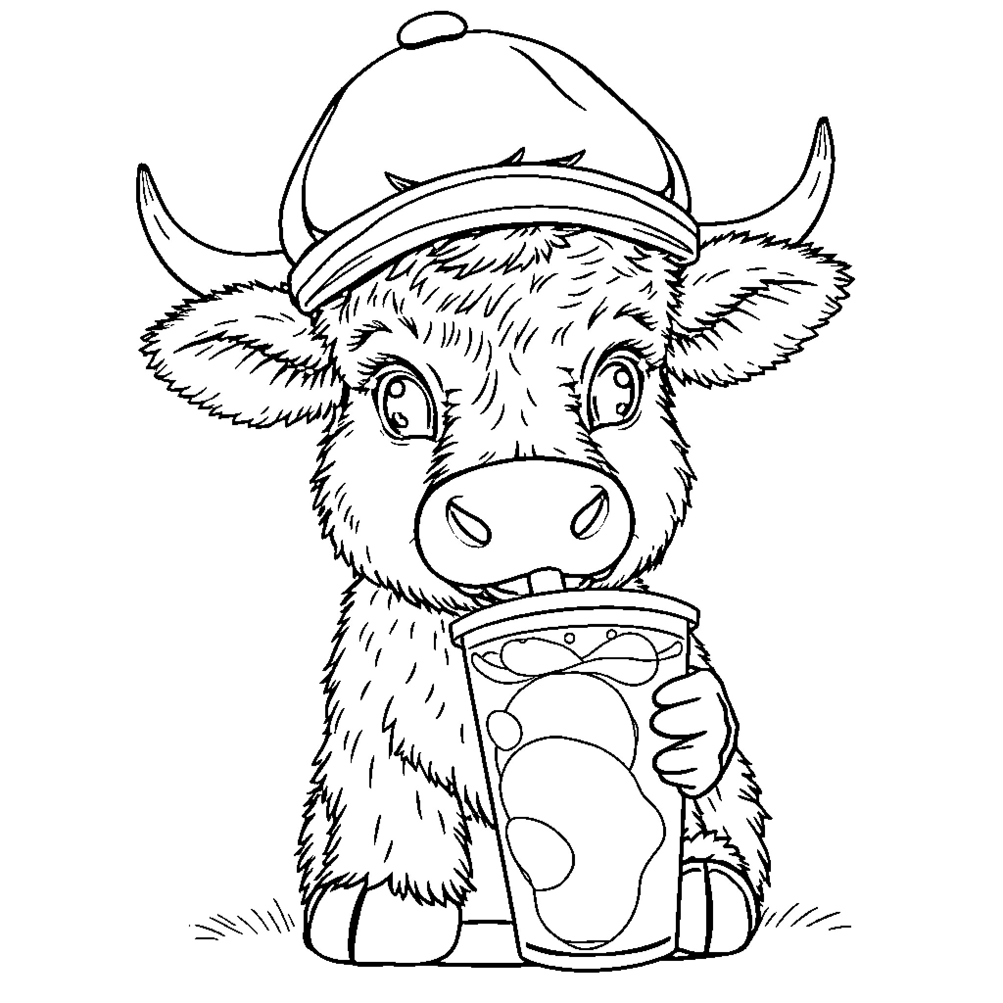 Highland Cow wearing a cap and holding a drink Coloring Page (free black-and-white line drawing printable PDF for all, from beginners to advanced learners, including children, teens, adults, and seniors)
