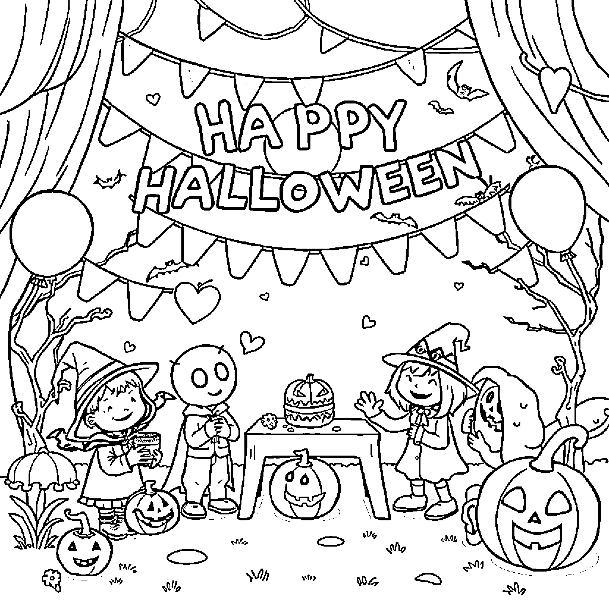 Halloween-themed party with costumed characters Coloring Page (free black-and-white line drawing printable PDF for all, from beginners to advanced learners, including children, teens, adults, and seniors)