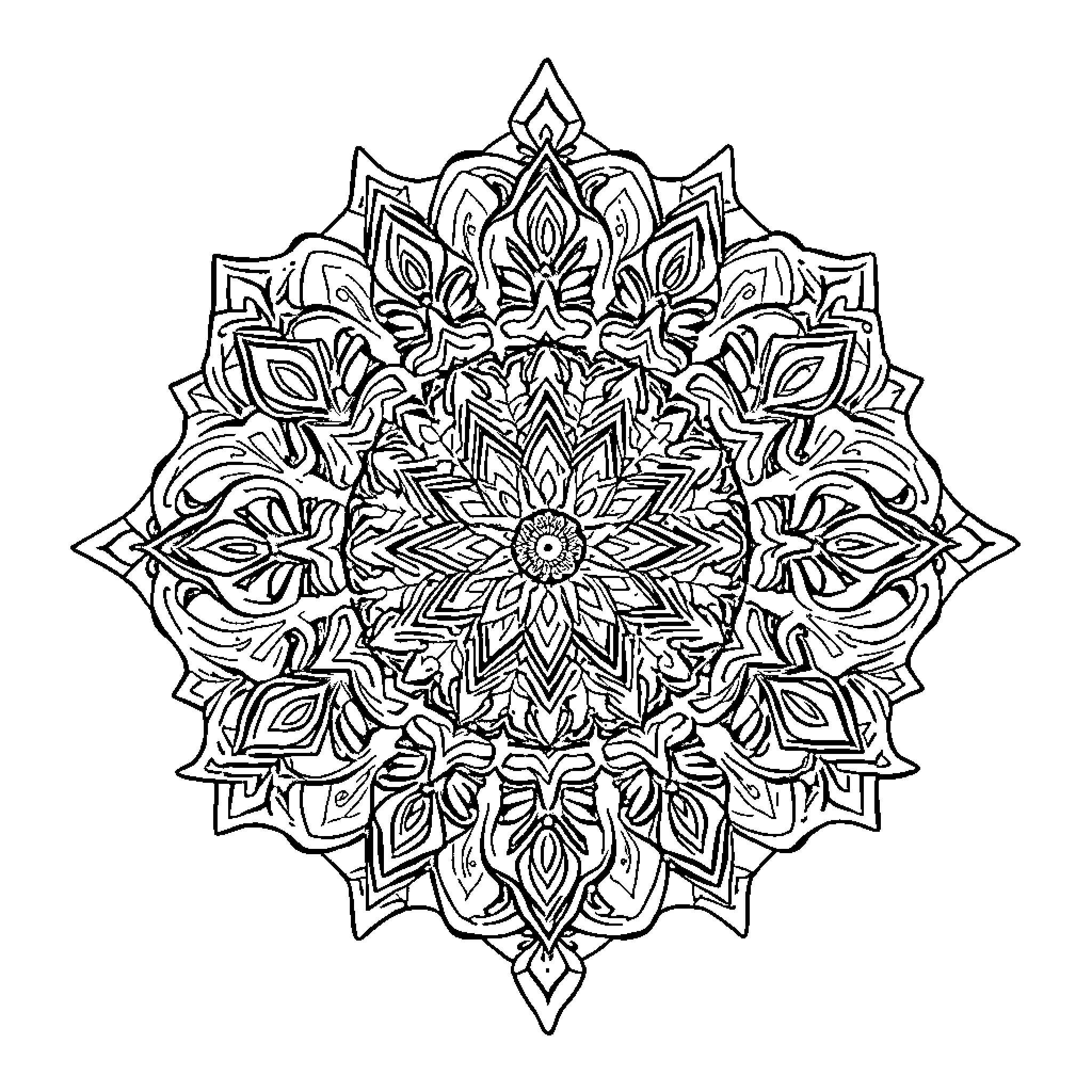 Mandala with intricate floral patterns and symmetry Coloring Page (free black-and-white line drawing printable PDF for all, from beginners to advanced learners, including children, teens, adults, and seniors)