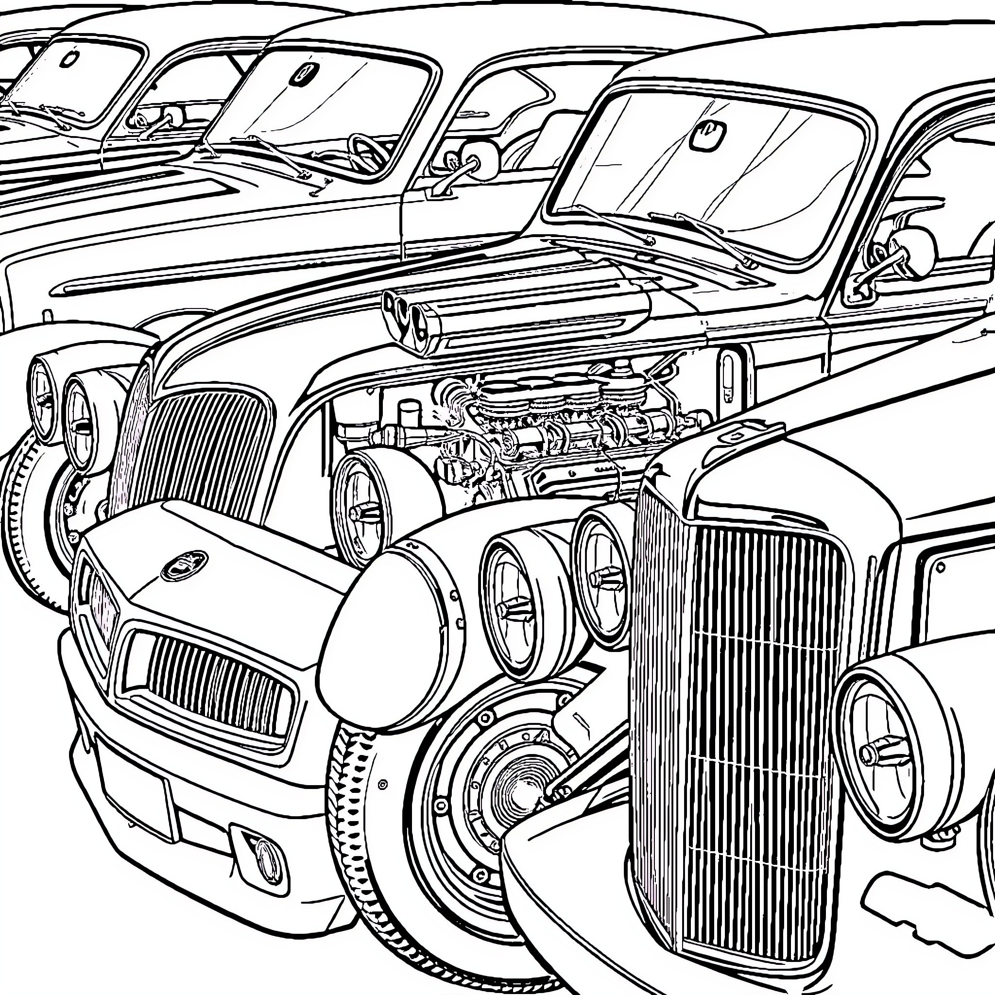 Car Lineup with Classic Car Designs Coloring Page (free black-and-white line drawing printable PDF for all, from beginners to advanced learners, including children, teens, adults, and seniors)
