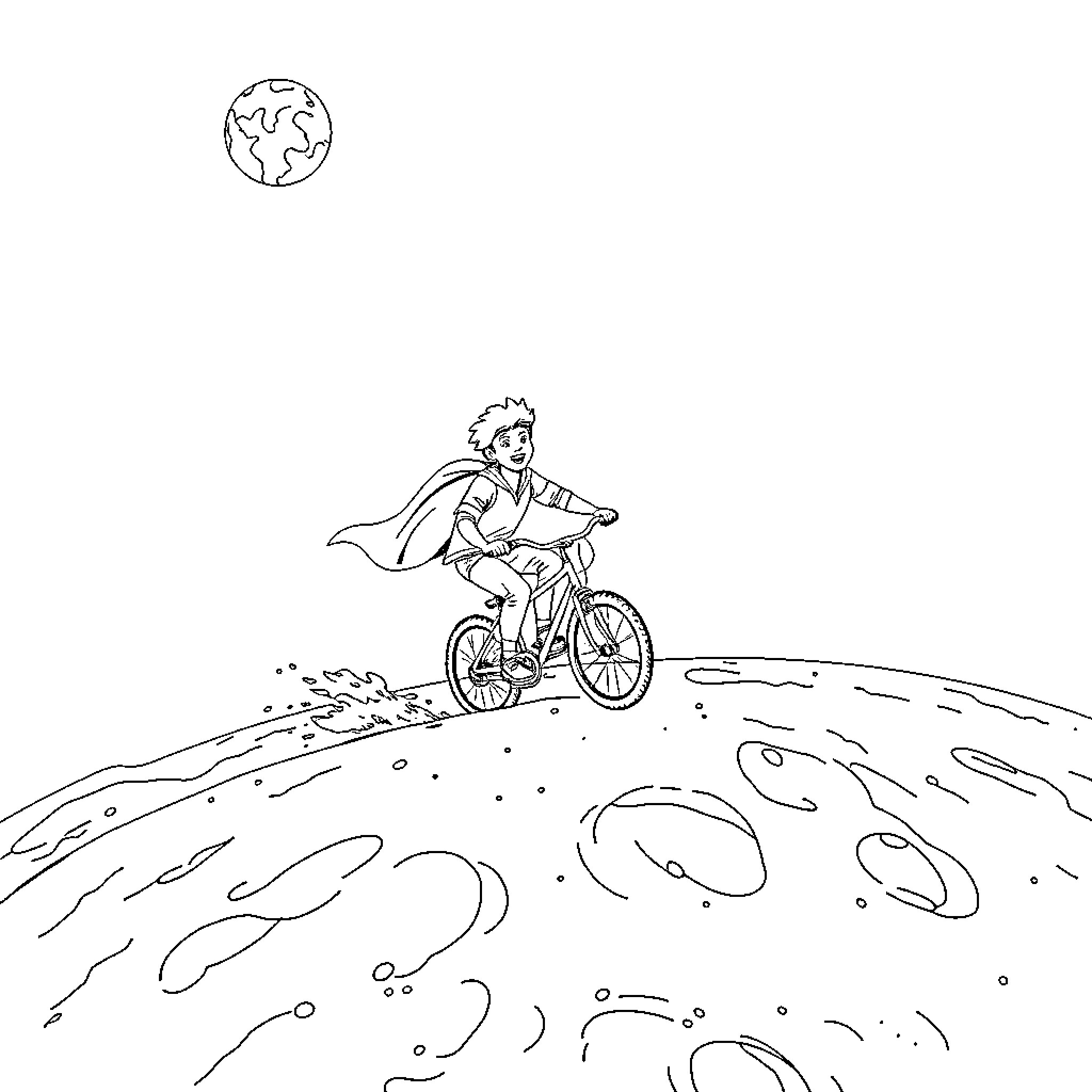Bike riding adventure on the moon Coloring Page (free black-and-white line drawing printable PDF for all, from beginners to advanced learners, including children, teens, adults, and seniors)