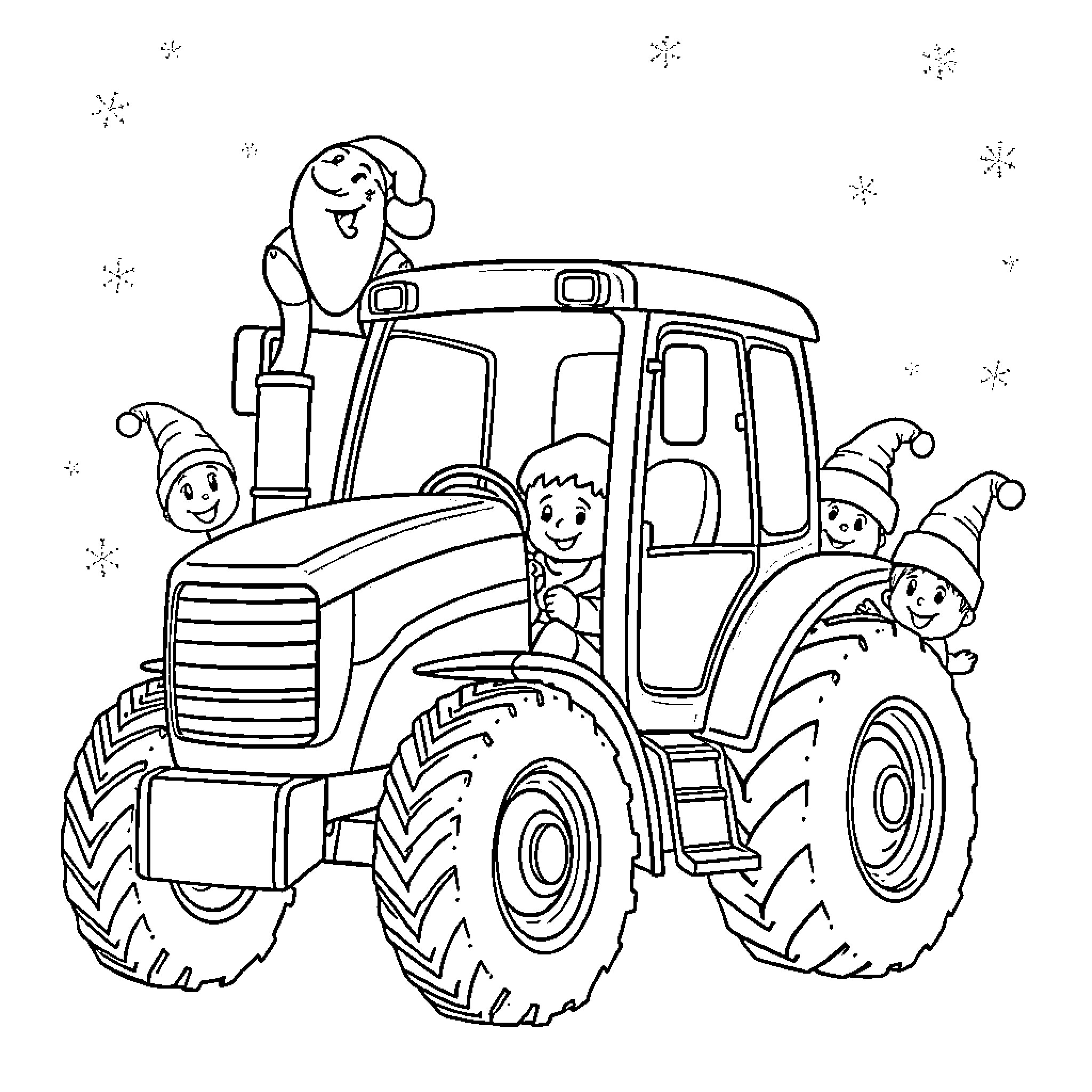 Tractor carrying joyful elves in winter scene Coloring Page (free black-and-white line drawing printable PDF for all, from beginners to advanced learners, including children, teens, adults, and seniors)