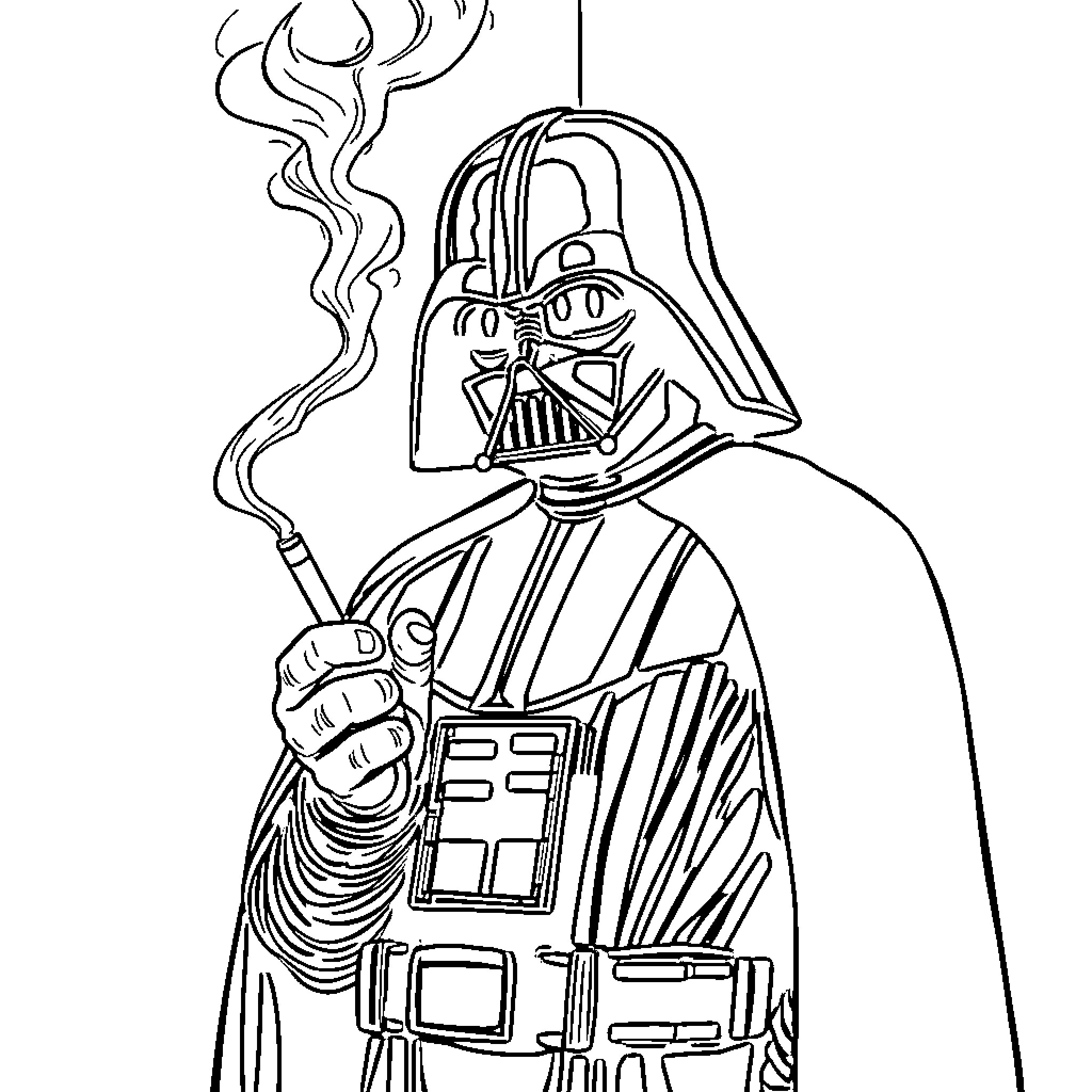 Darth Vader smoking and wielding lightsaber Coloring Page (free black-and-white line drawing printable PDF for all, from beginners to advanced learners, including children, teens, adults, and seniors)