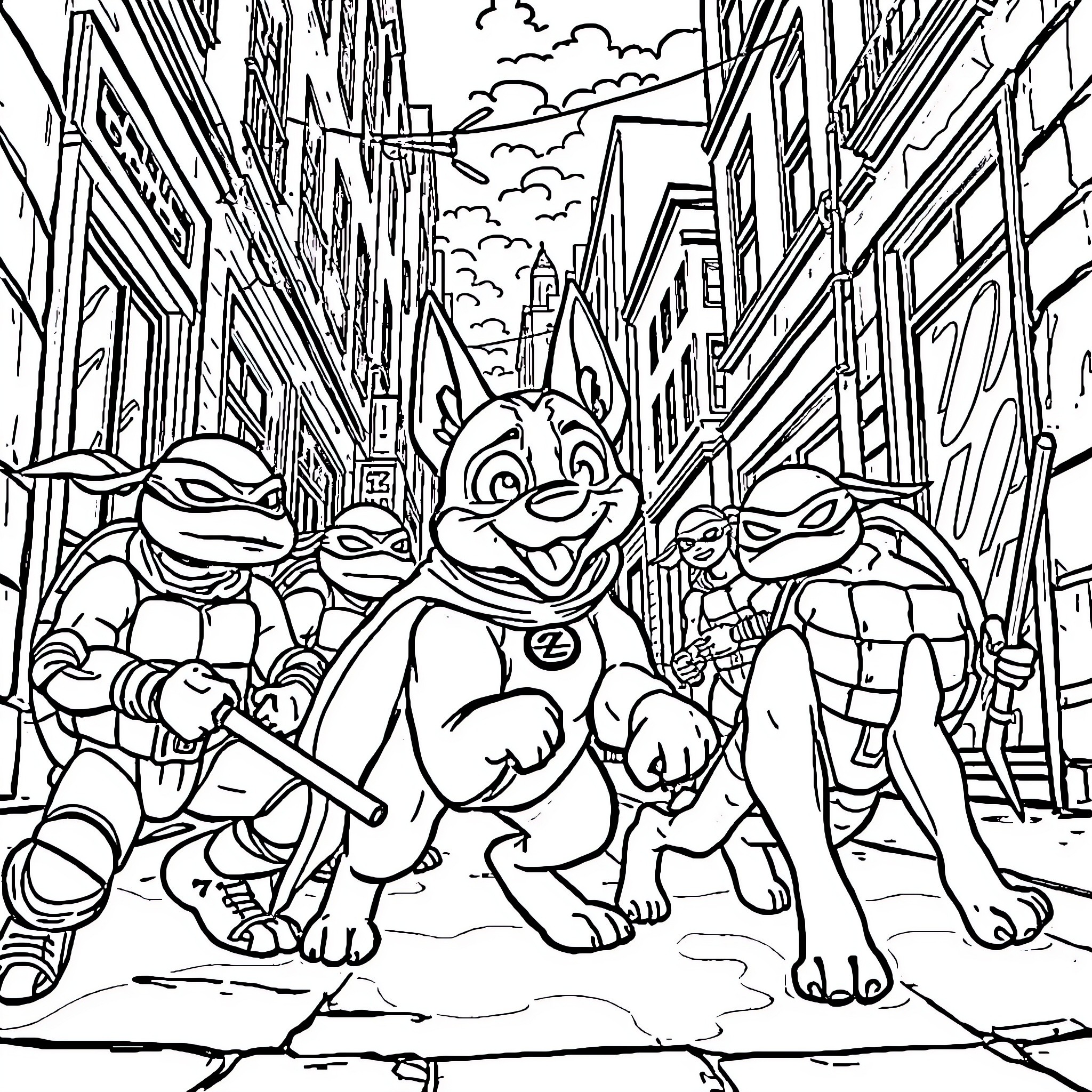 Krypto and the Turtle Heroes Explore the City Coloring Page (free black-and-white line drawing printable PDF for all, from beginners to advanced learners, including children, teens, adults, and seniors)