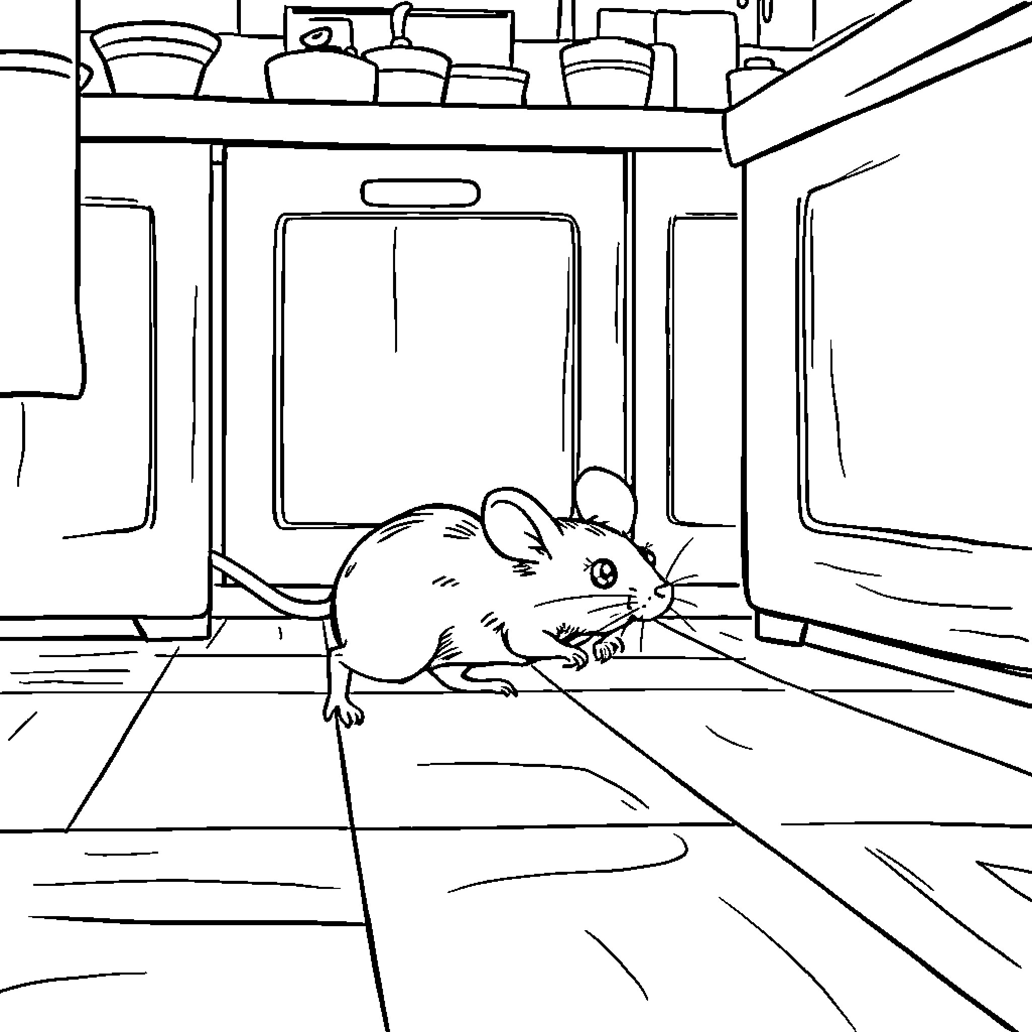 Mouse exploring the kitchen counter Coloring Page (free black-and-white line drawing printable PDF for all, from beginners to advanced learners, including children, teens, adults, and seniors)