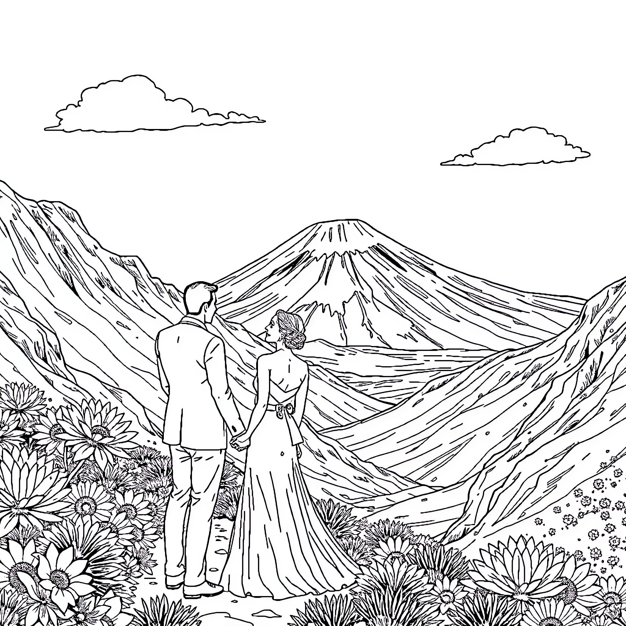 Boda couple in romantic mountain landscape Coloring Page (free black-and-white line drawing printable PDF for all, from beginners to advanced learners, including children, teens, adults, and seniors)