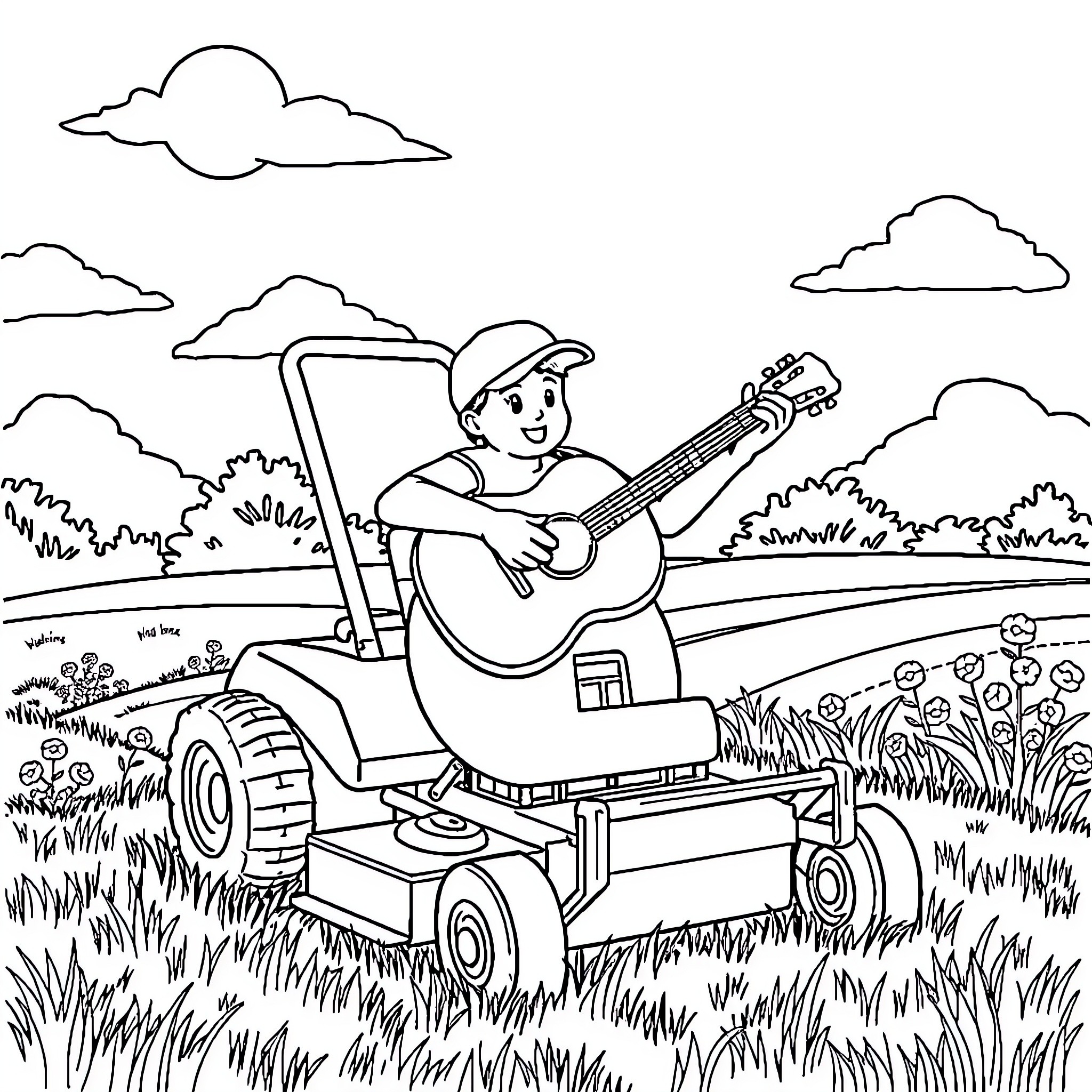 Lawnmower man playing guitar in the countryside Coloring Page (free black-and-white line drawing printable PDF for all, from beginners to advanced learners, including children, teens, adults, and seniors)