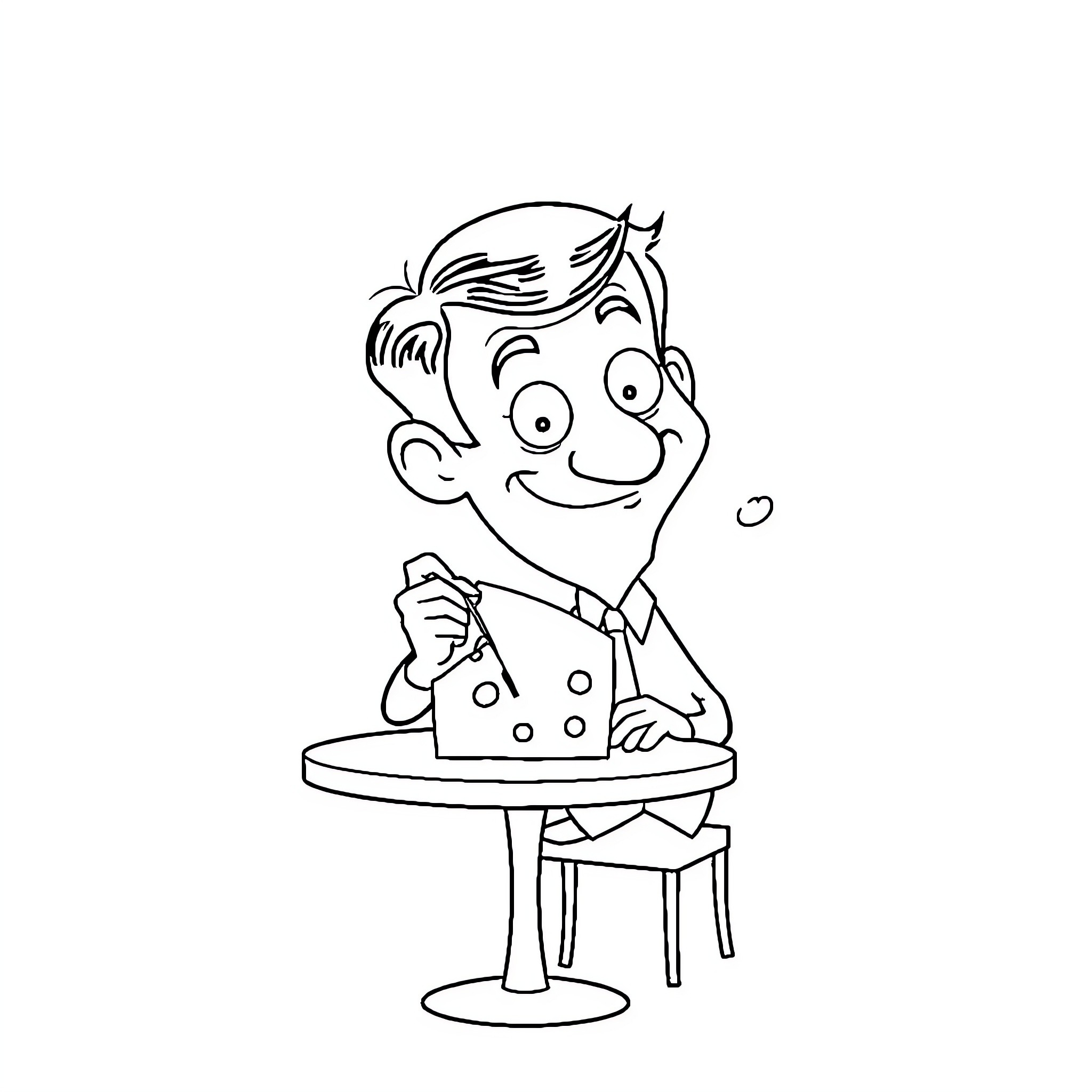 Mr Bean enjoying a meal at the table Coloring Page (free black-and-white line drawing printable PDF for all, from beginners to advanced learners, including children, teens, adults, and seniors)