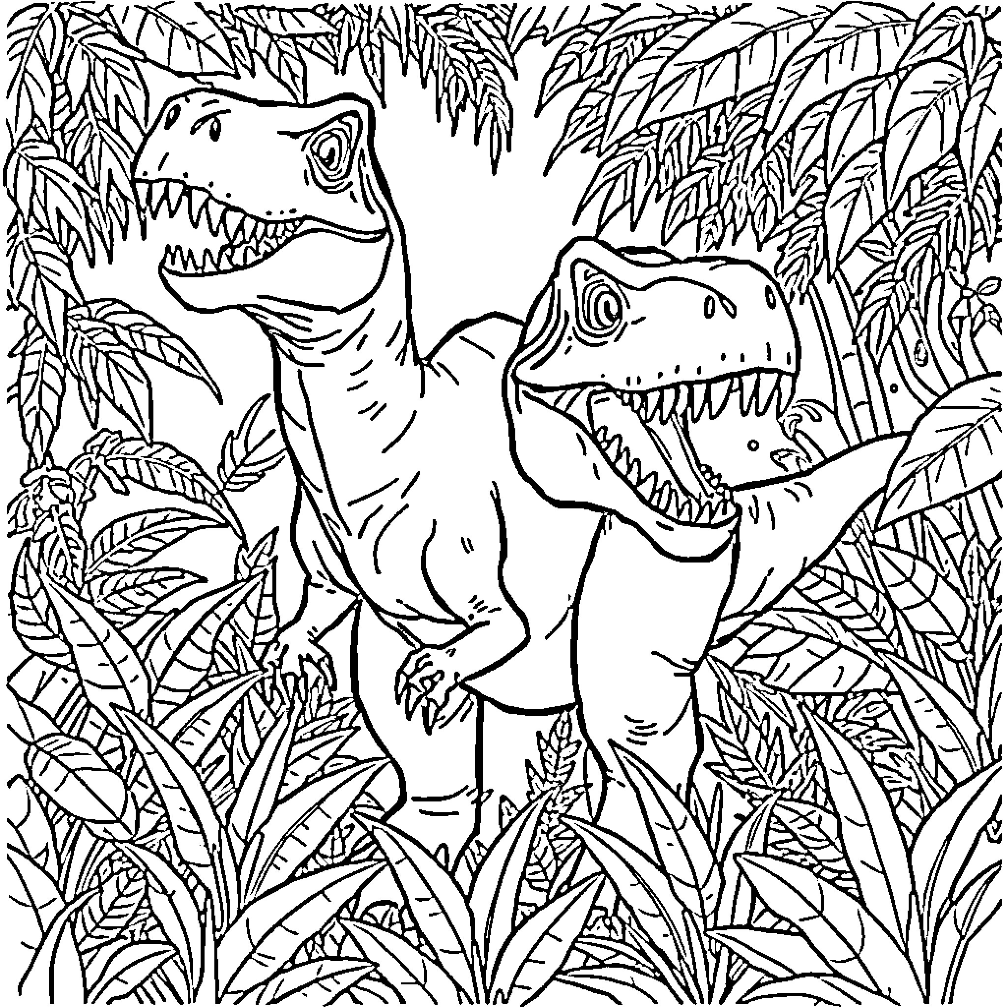 Dinosaurs roaring in the jungle Coloring Page (free black-and-white line drawing printable PDF for all, from beginners to advanced learners, including children, teens, adults, and seniors)