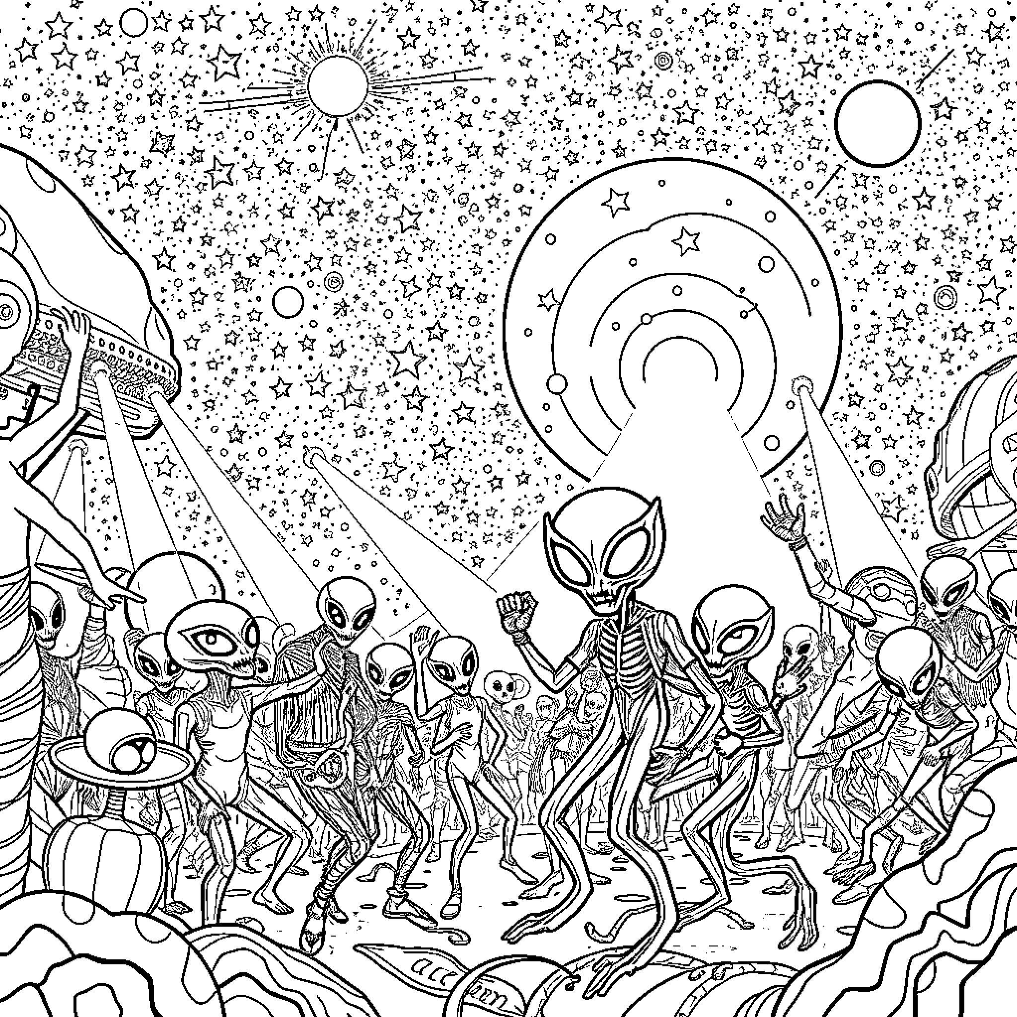Alien Gathering in the Cosmic Landscape Coloring Page (free black-and-white line drawing printable PDF for all, from beginners to advanced learners, including children, teens, adults, and seniors)