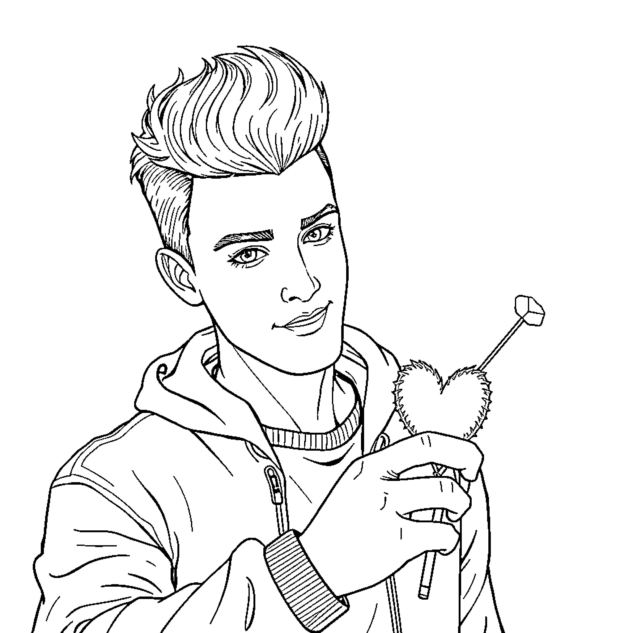 Young Man Holding Heart-Shaped Balloon Coloring Page (free black-and-white line drawing printable PDF for all, from beginners to advanced learners, including children, teens, adults, and seniors)