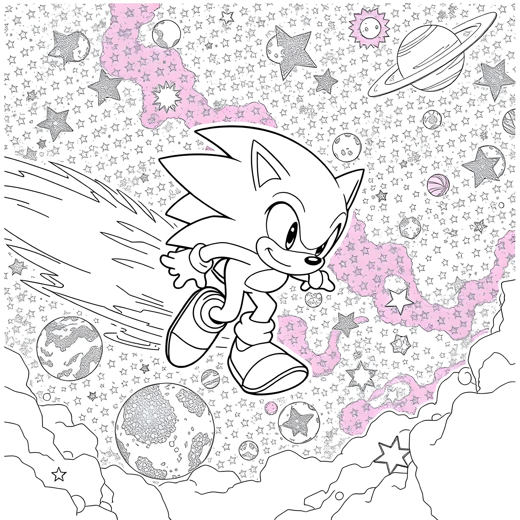 Sonic running through the cosmic universe Coloring Page (free black-and-white line drawing printable PDF for all, from beginners to advanced learners, including children, teens, adults, and seniors)