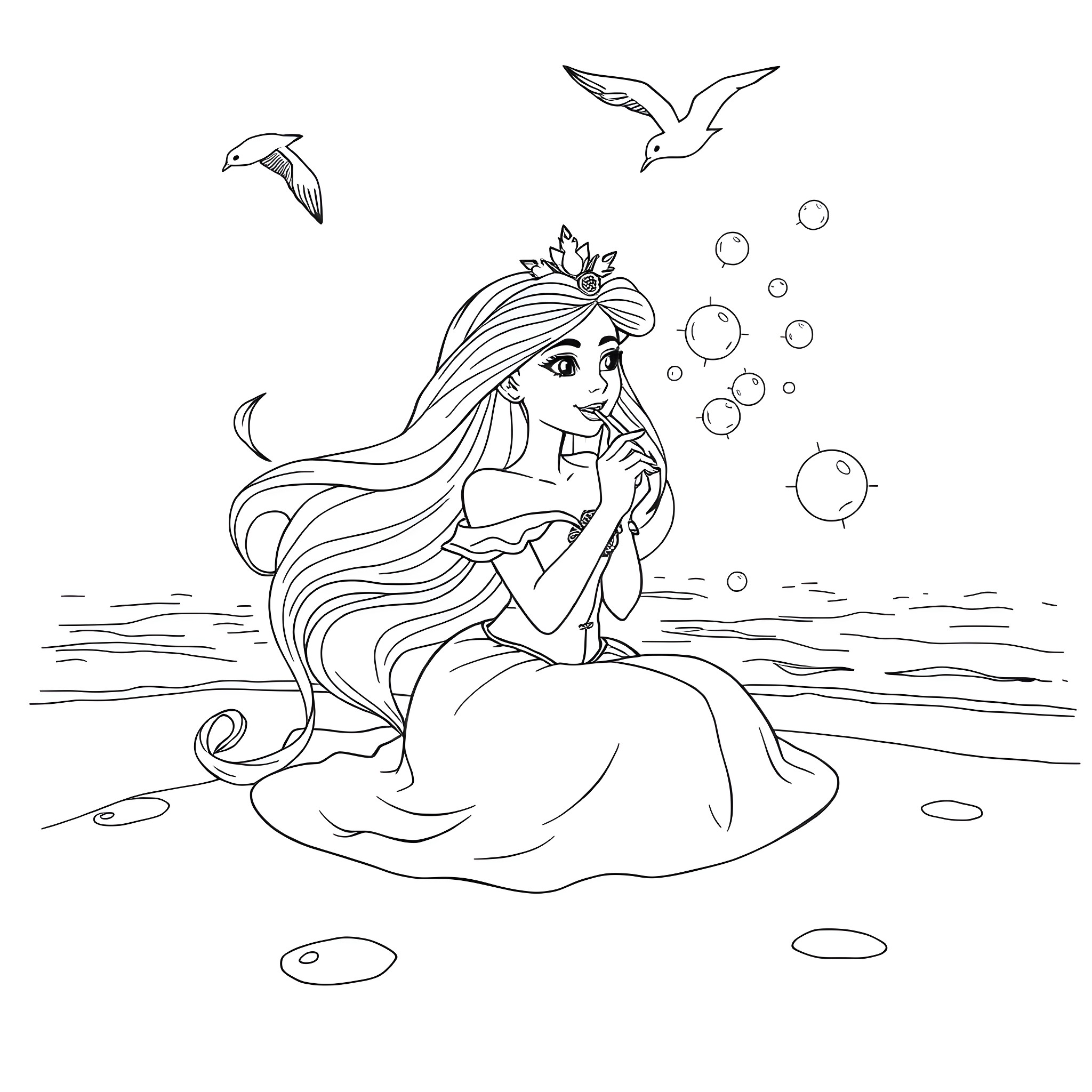 Princess Mermaid Enjoying Seaside Serenity Coloring Page (free black-and-white line drawing printable PDF for all, from beginners to advanced learners, including children, teens, adults, and seniors)