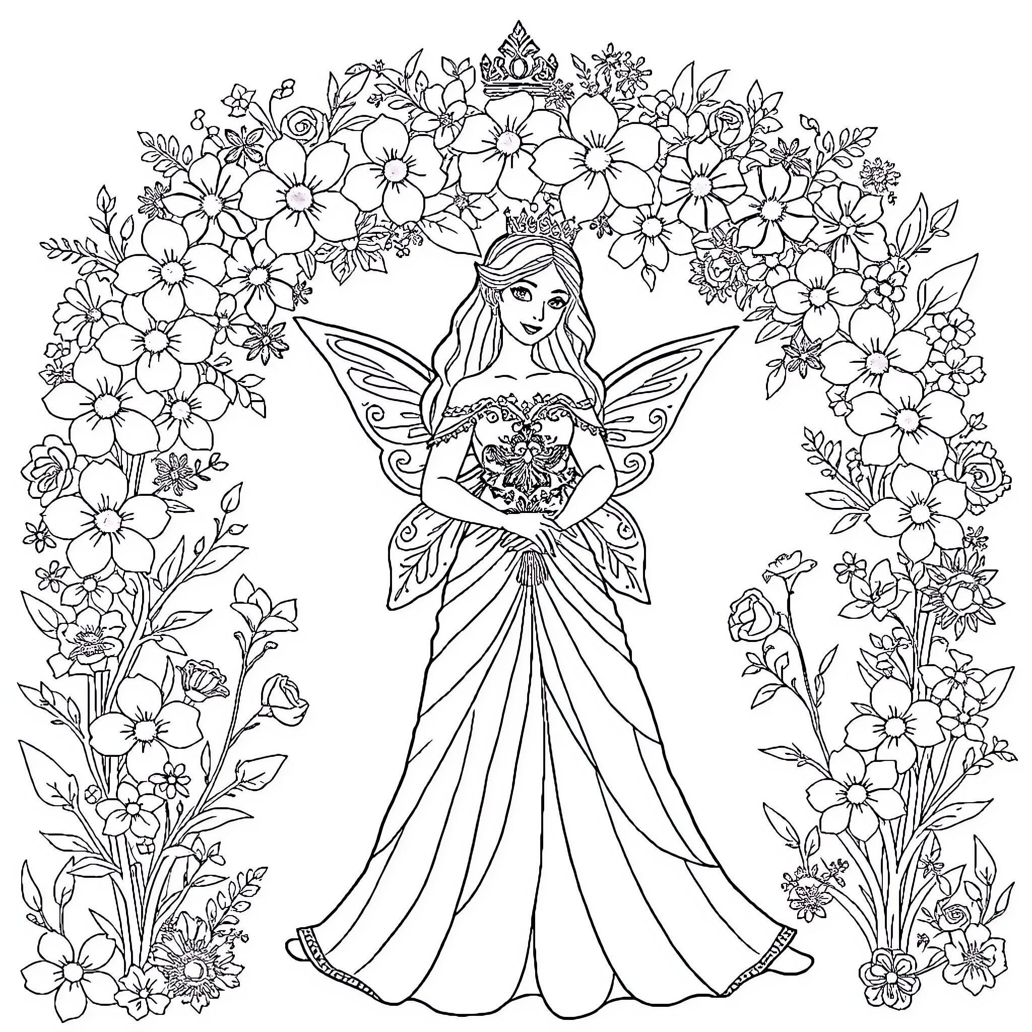 Fairy Queen in a Floral Wonderland Coloring Page (free black-and-white line drawing printable PDF for all, from beginners to advanced learners, including children, teens, adults, and seniors)