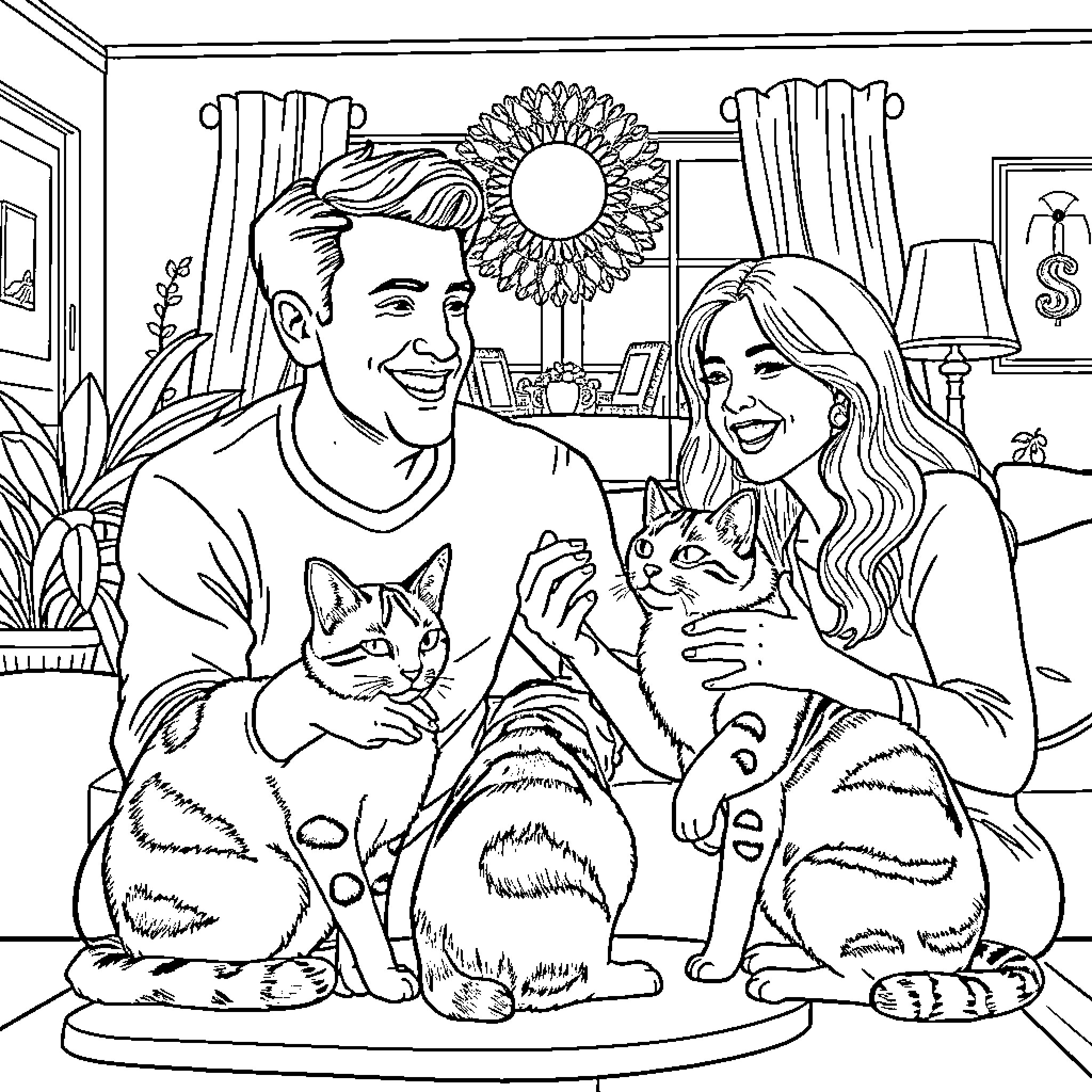 Cat Couple Enjoying Their Pets at Home Coloring Page (free black-and-white line drawing printable PDF for all, from beginners to advanced learners, including children, teens, adults, and seniors)
